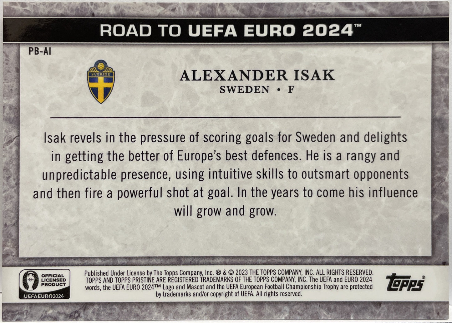 Alexander Isak 38/50 Pristine Borders Gold Topps Pristine Road To Euro 2024