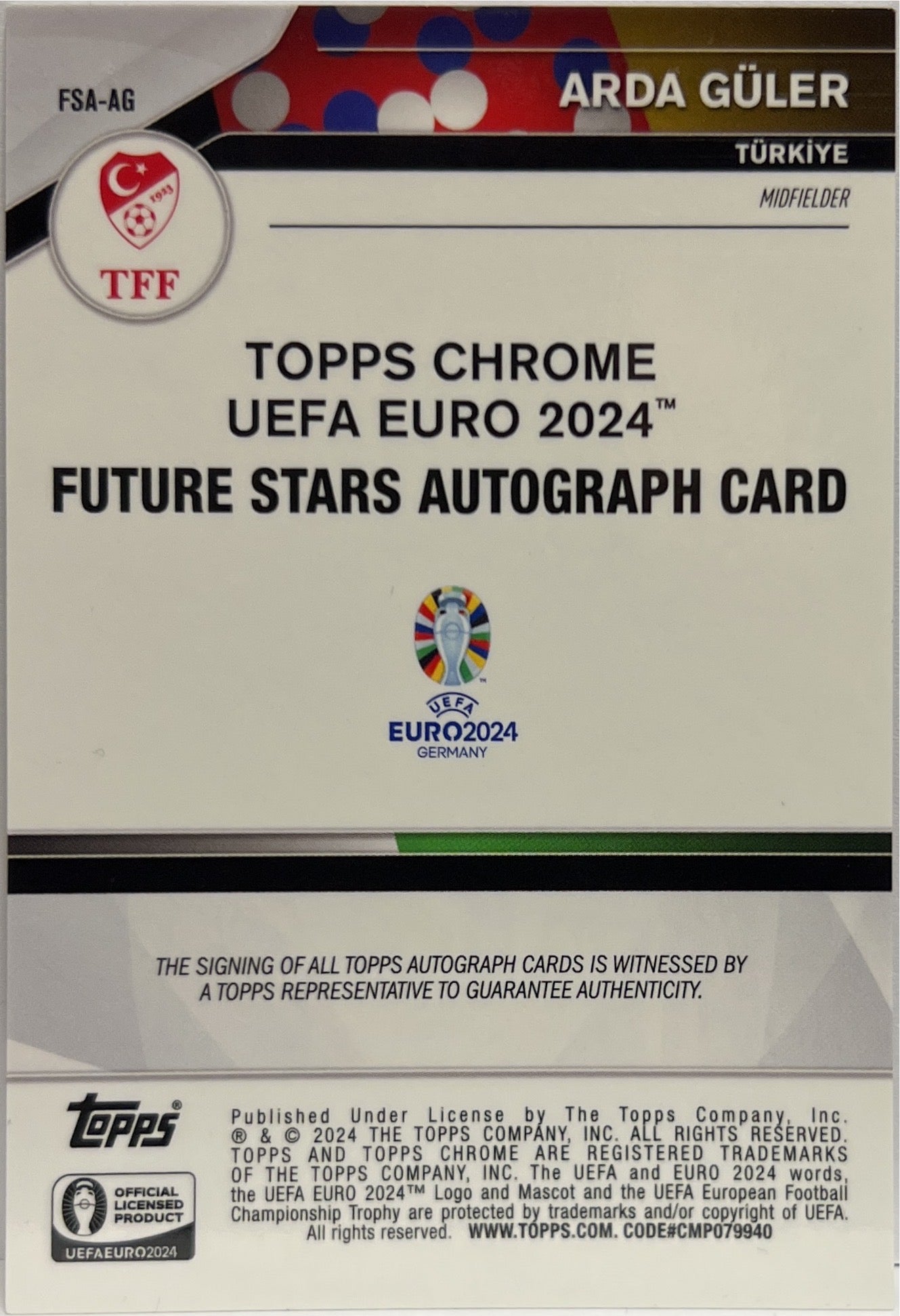 Arda Guler 8/10 Autograph Future Stars Black Topps Chrome Euro 2024