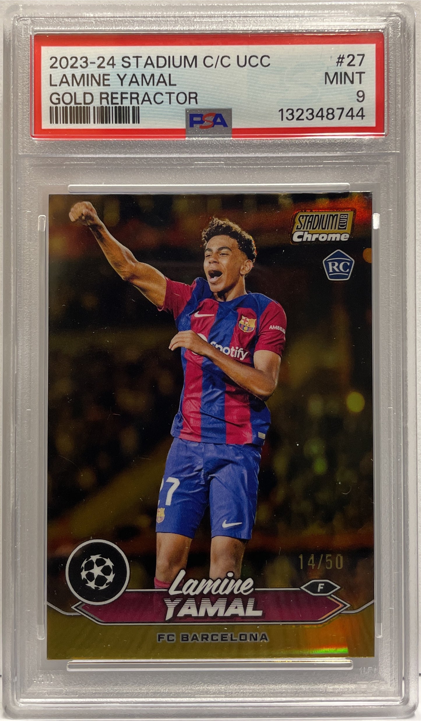 Lamine Yamal 14/50 Rookie Gold Topps Stadium Chrome Club 2023/24 PSA 9