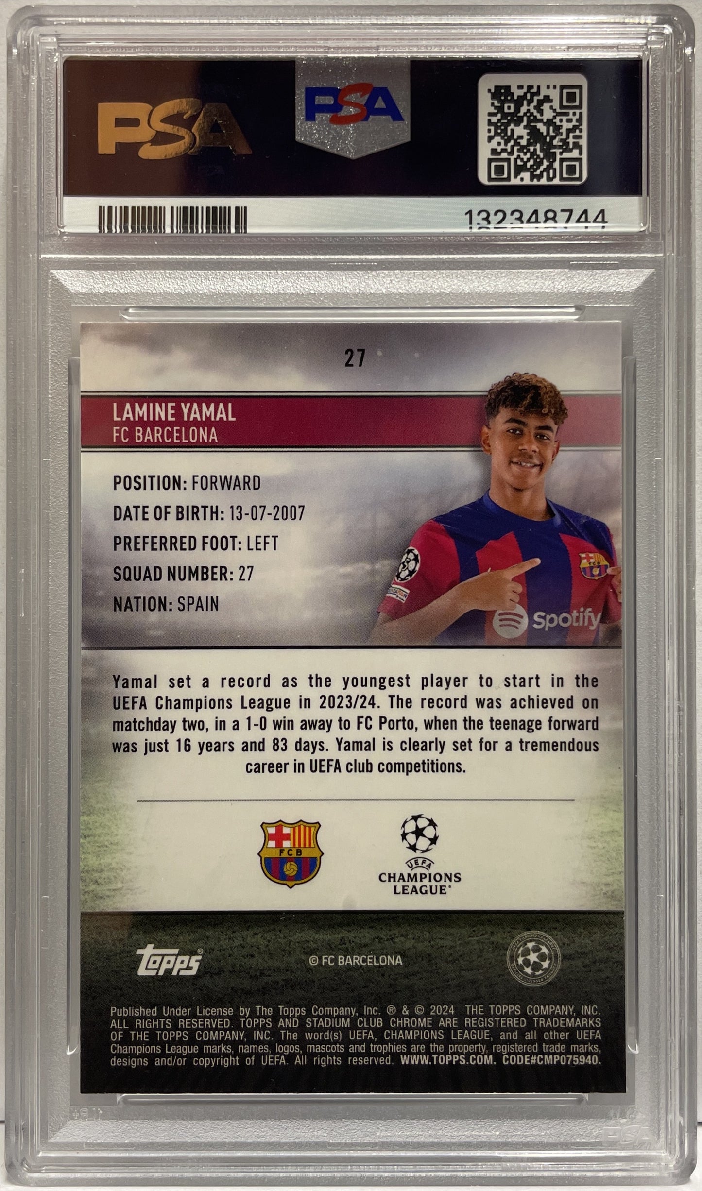 Lamine Yamal 14/50 Rookie Gold Topps Stadium Chrome Club 2023/24 PSA 9