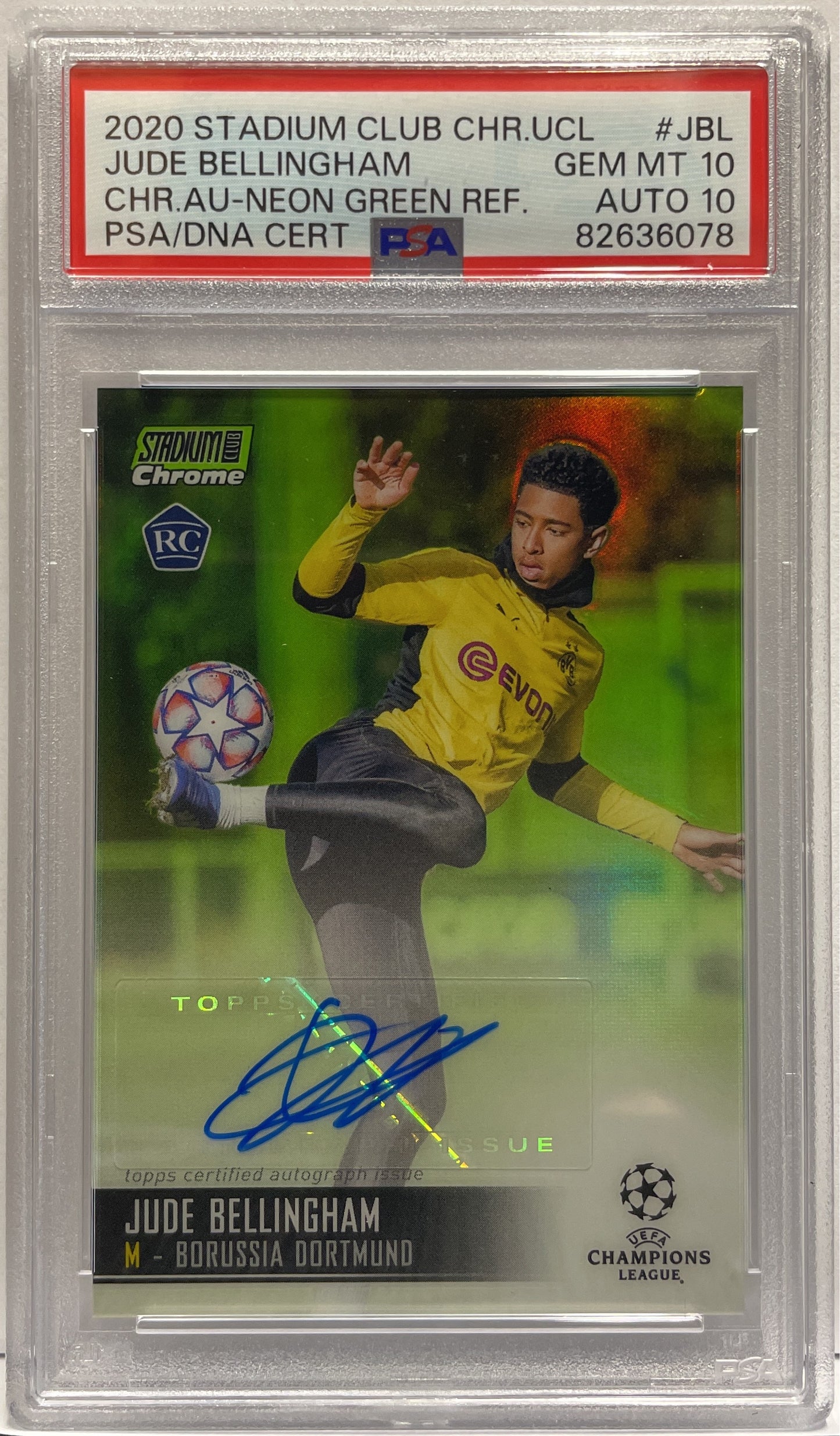 Jude Bellingham 33/99 Rookie Autograph Neon Green Topps Stadium Chrome Club 2020/21 PSA 10 Auto 10