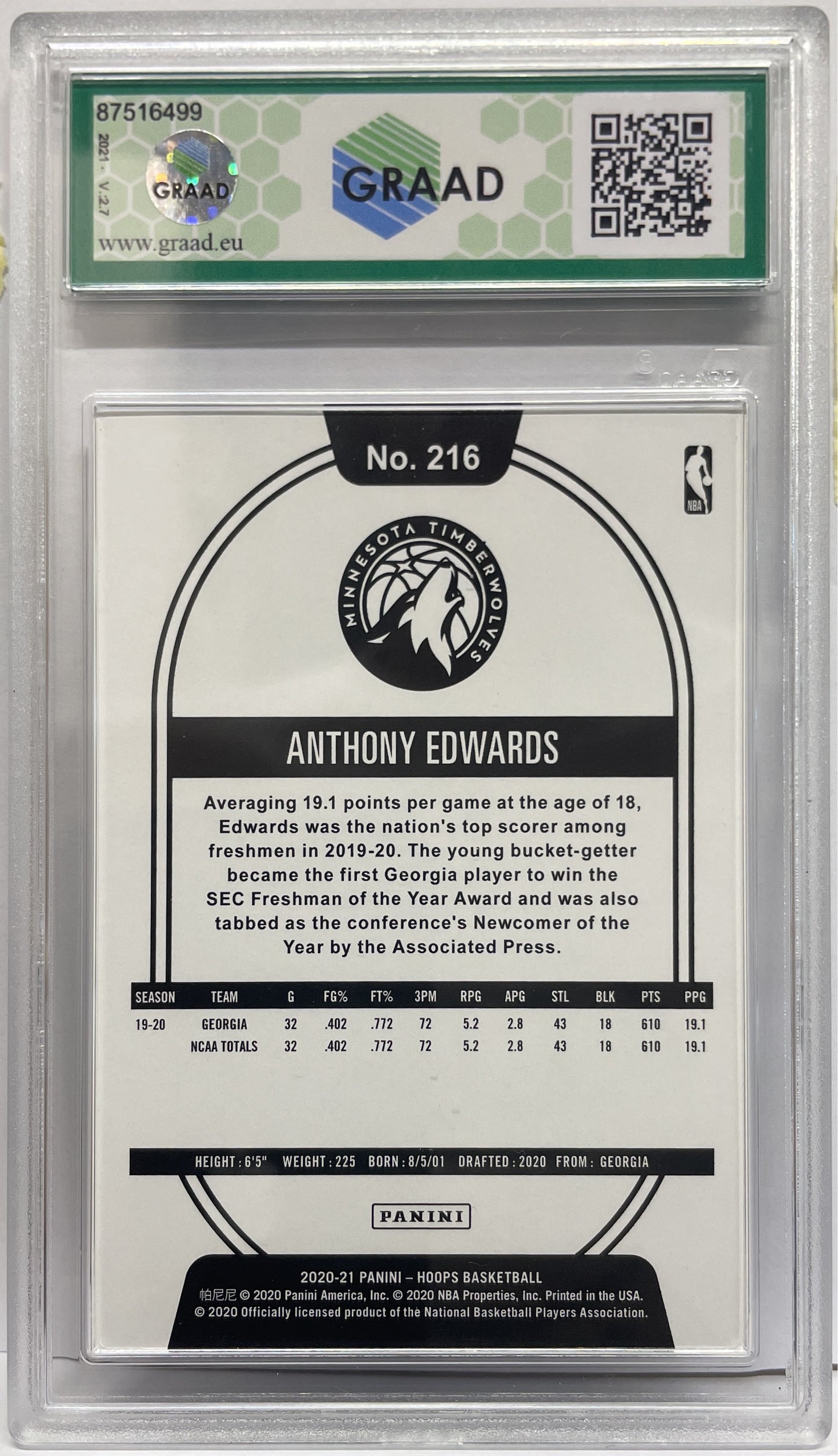 GRAAD 10 - Anthony Edwards Rookie Gold - NBA Hoops Basketball 2020/21