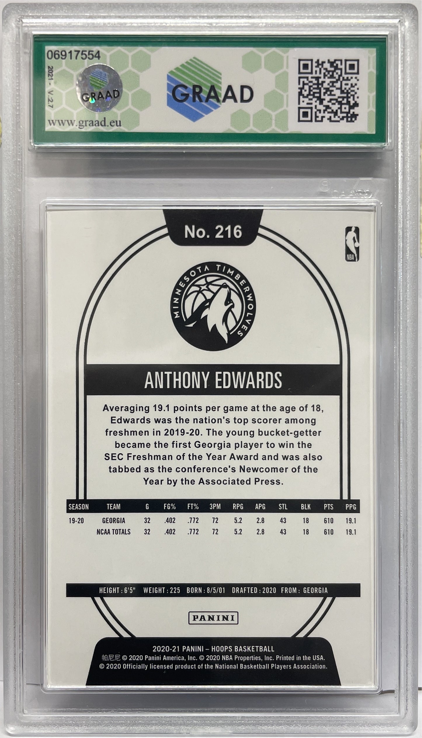 GRAAD 8 - Anthony Edwards Rookie - NBA Hoops Basketball 2020/21