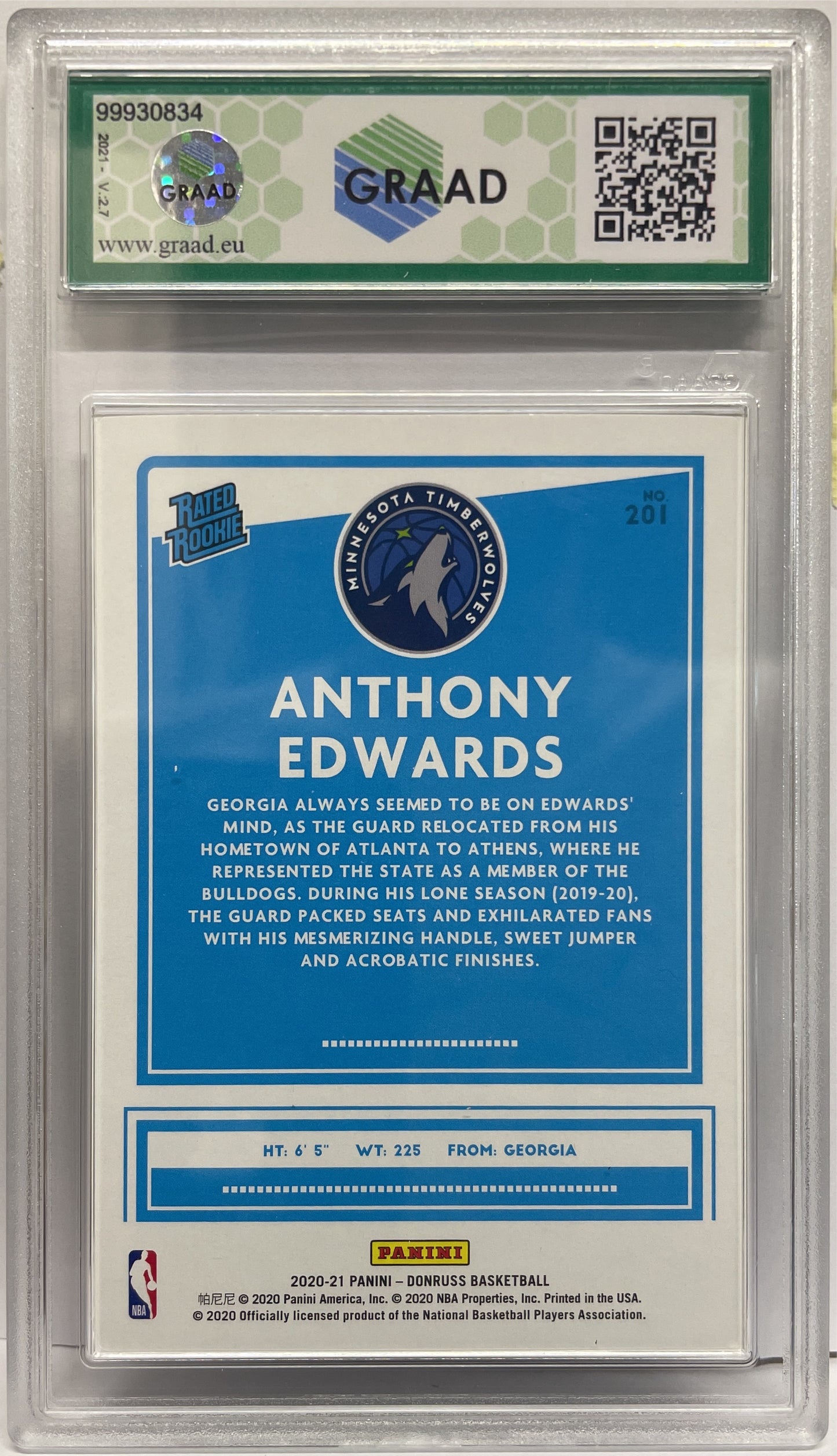 GRAAD 10 - Anthony Edwards Rated Rookie - Donruss Basketball NBA 2020/21