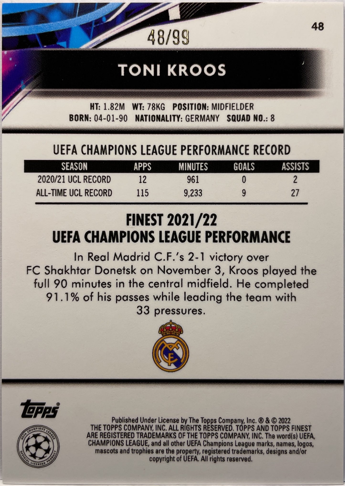 Toni Kroos 48/99 Vaporwave Topps Finest 2021/22