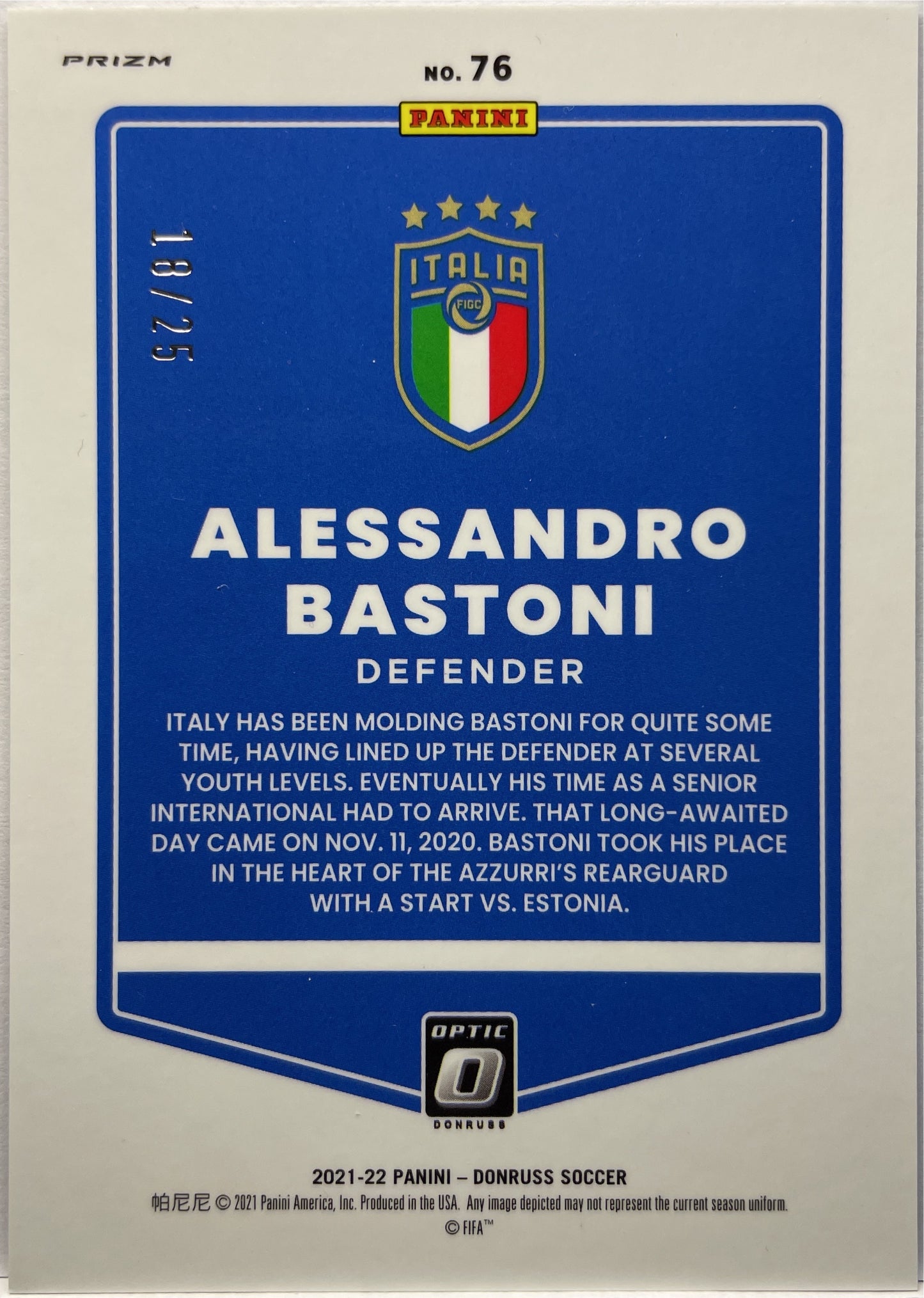 Alessandro Bastoni 18/25 Optic Black Velocity Donruss Road To Qatar 2021/22