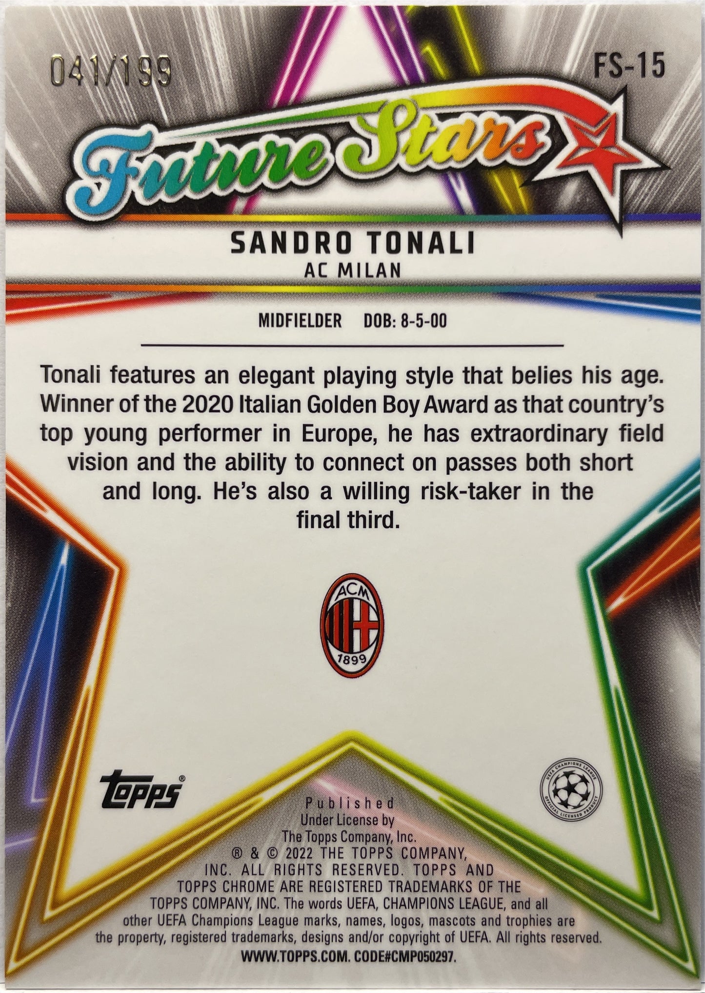 Sandro Tonali 41/199 Future Stars Topps Chrome UCC 2021/22