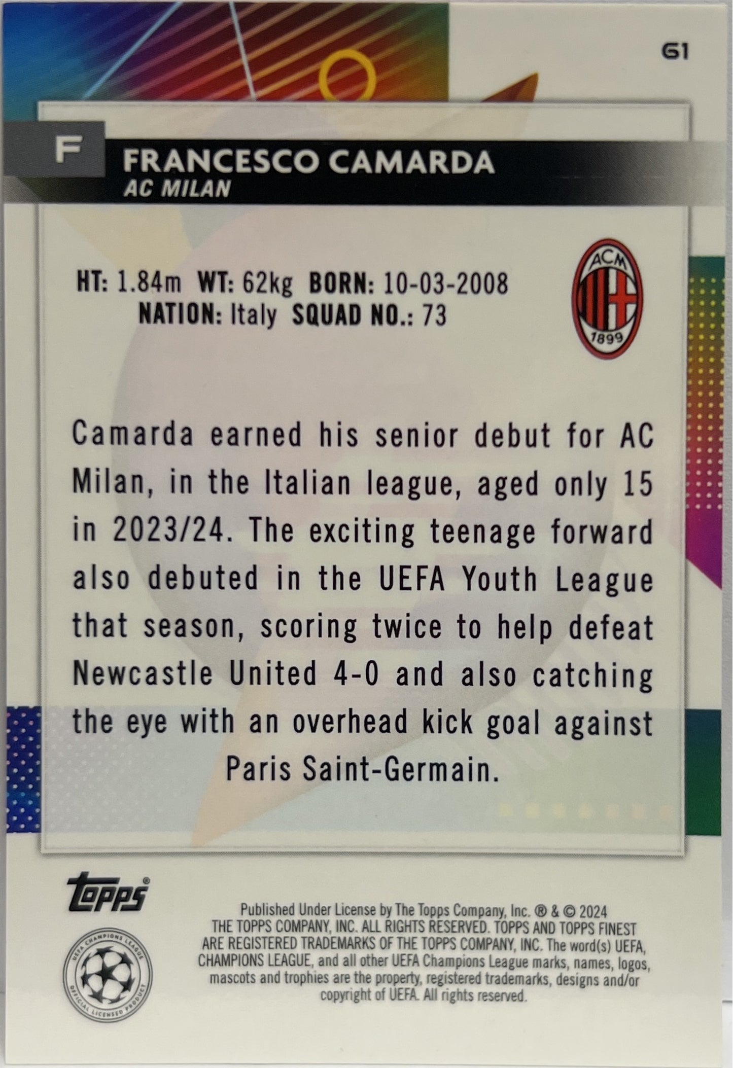 Francesco Camarda 2/5 Rookie Red Topps Finest UCC 2023/24