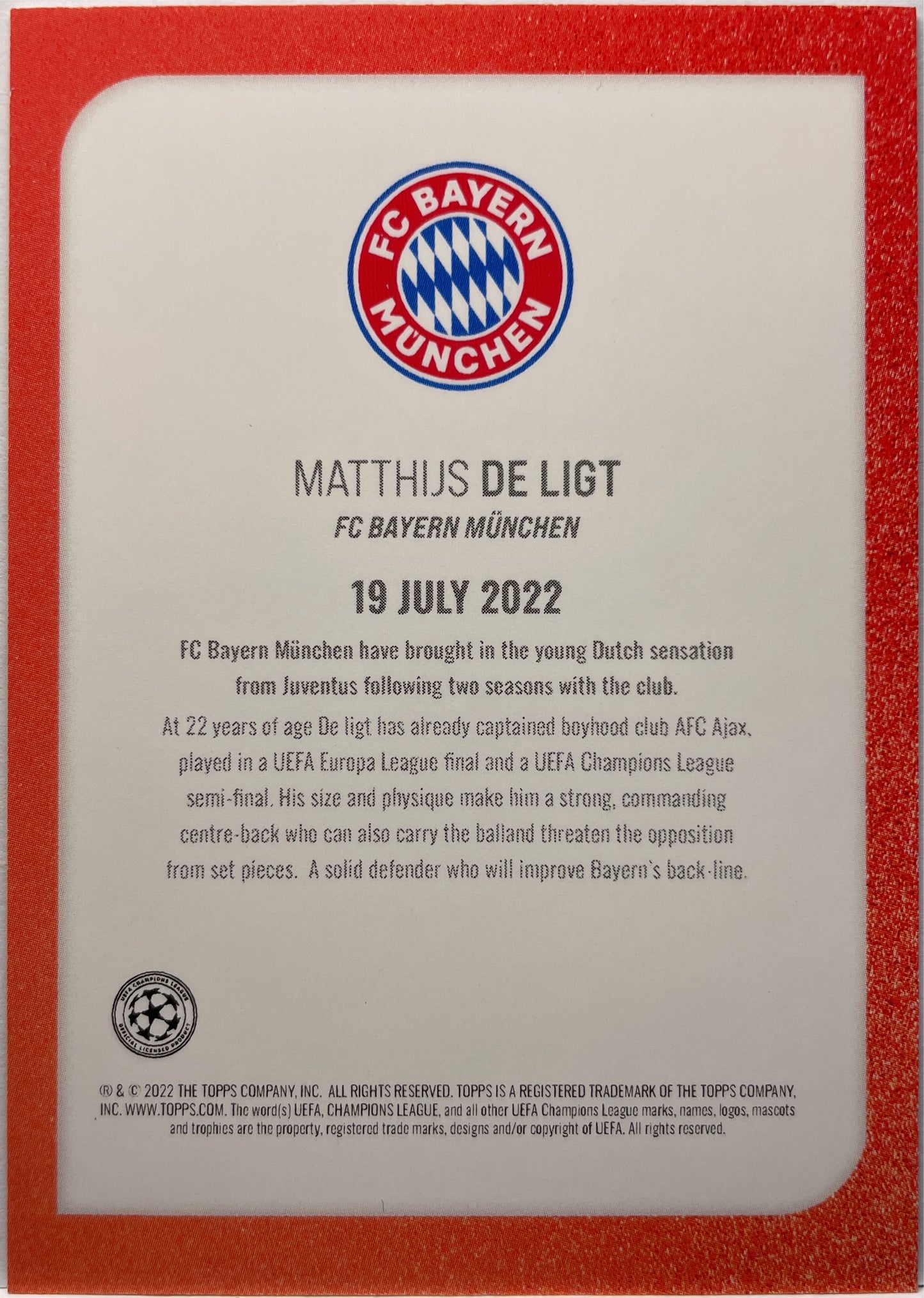 Matthijs De Ligt 4/10 Topps UCL Summer Signing 2022