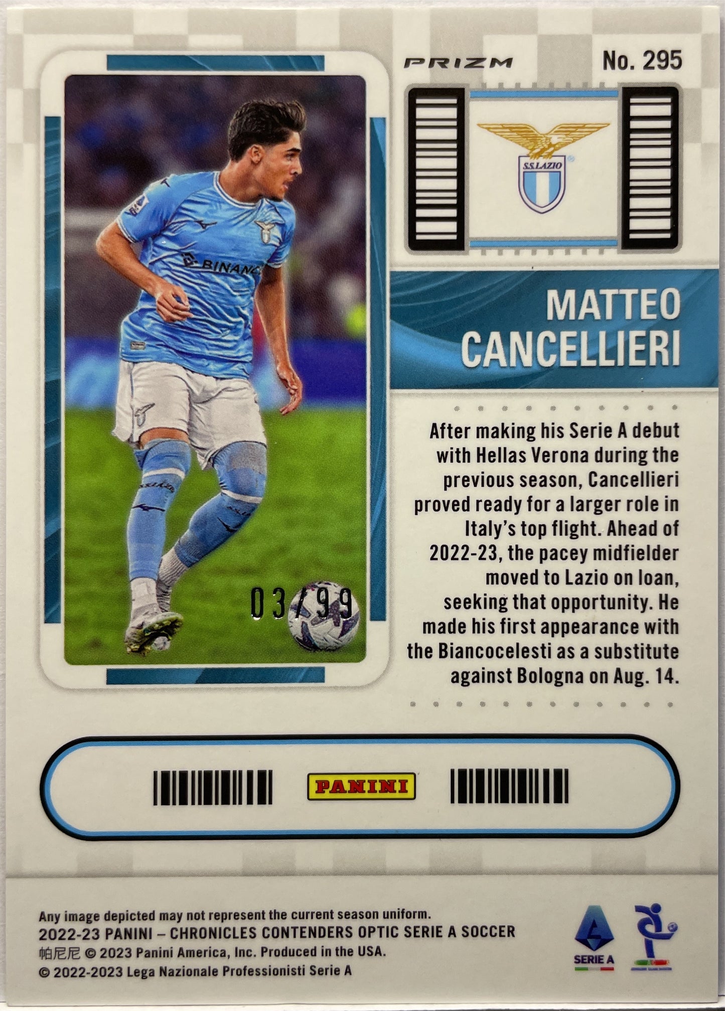 Matteo Cancellieri 3/99 Rookie Ticket Red Chronicles 2022/23