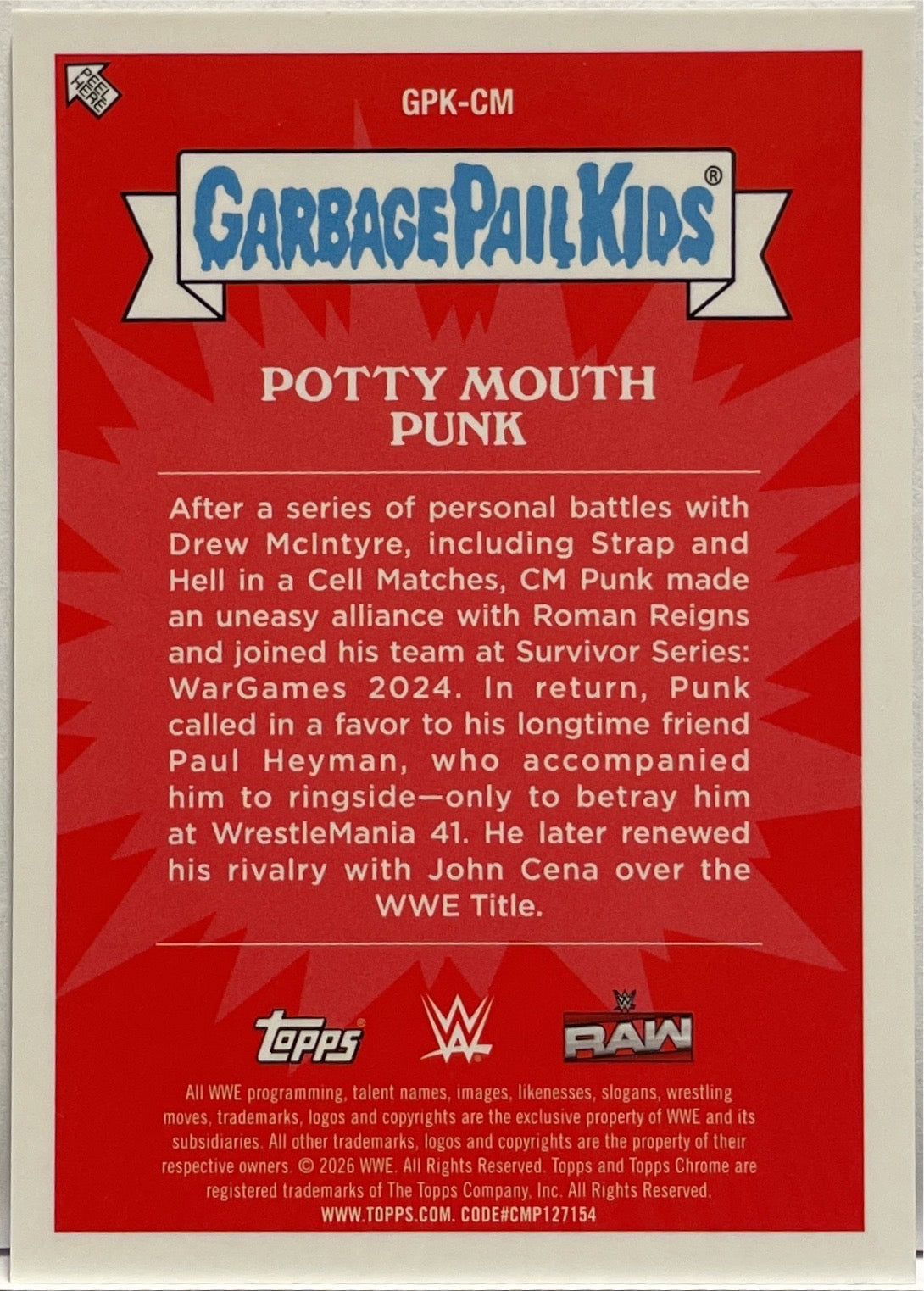 CM Punk Potty Mouth Punk Garbage Pail Kids Topps Chrome WWE 2026