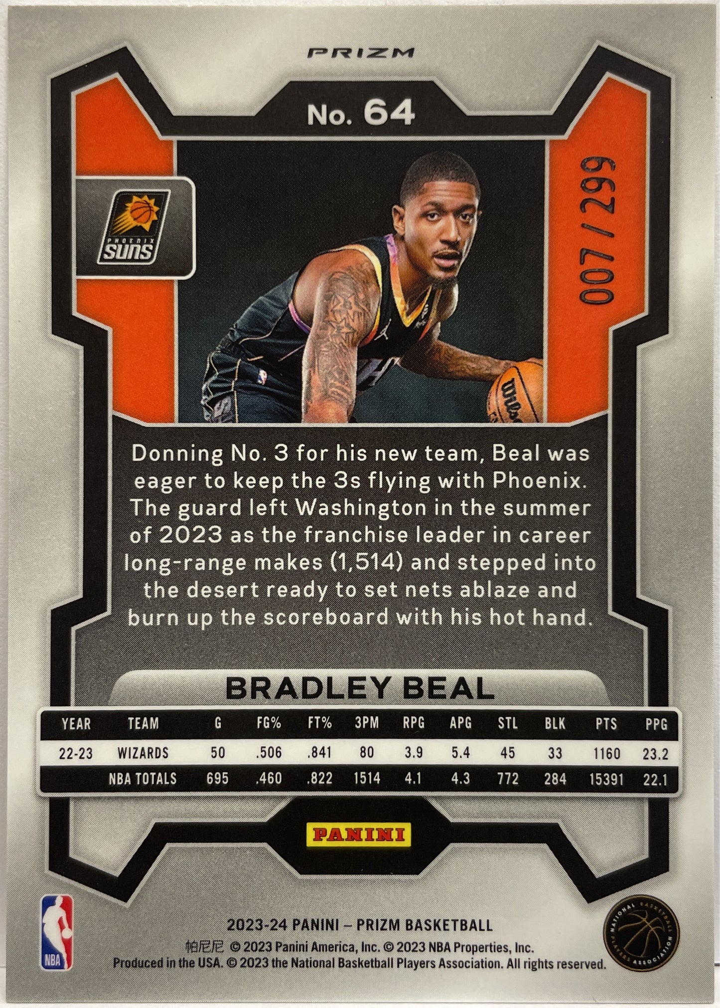 Bradley Beal 7/299 Red Prizm Basketball NBA 2023/24