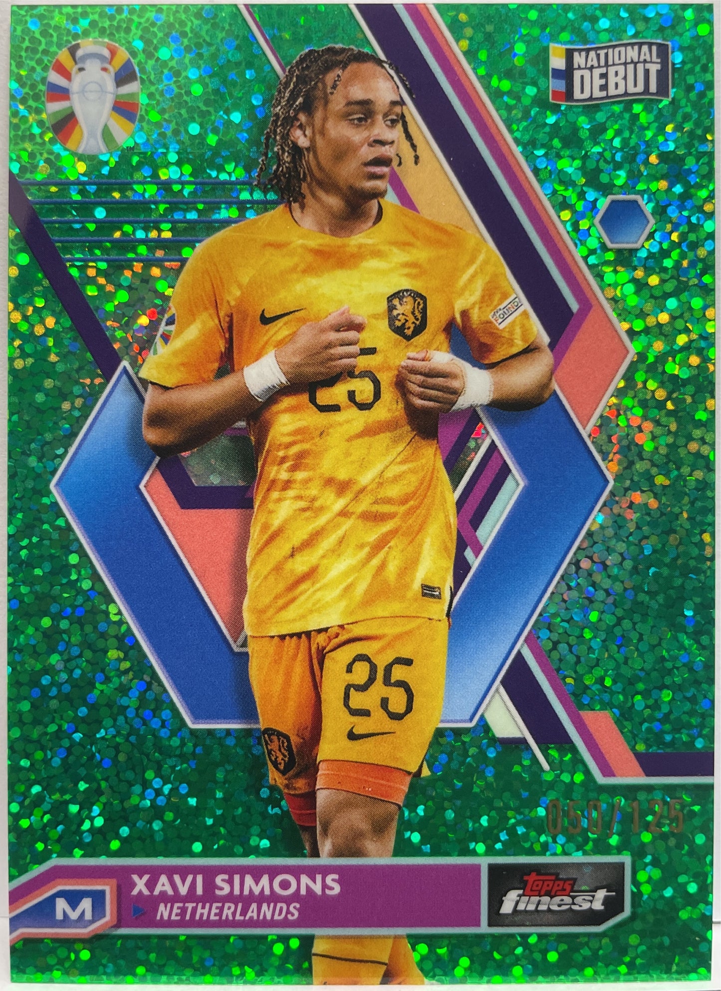 Xavi Simons 50/125 National Debut Green Speckle Topps Finest Road To Uefa Euro 2024