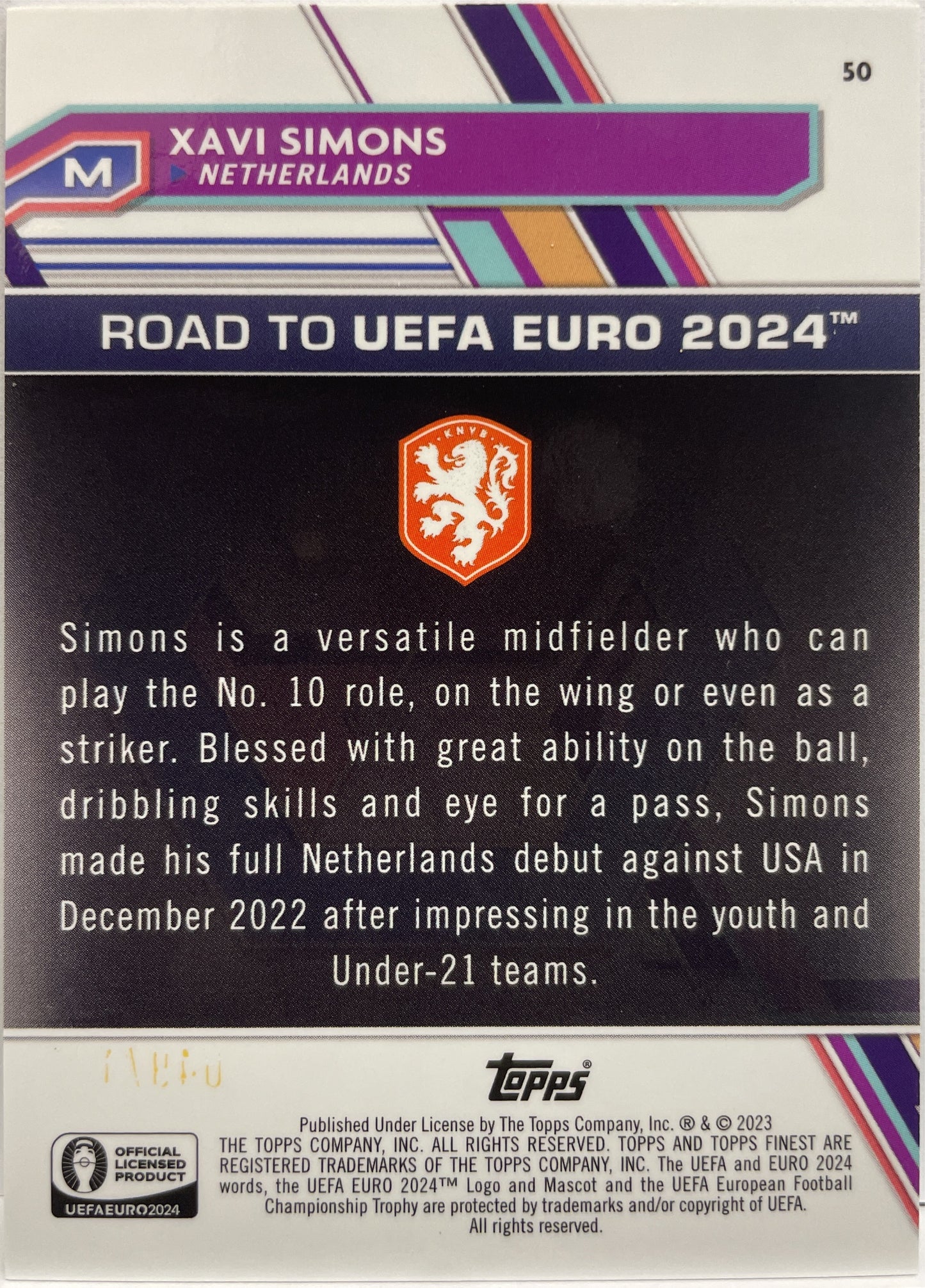 Xavi Simons 50/125 National Debut Green Speckle Topps Finest Road To Uefa Euro 2024