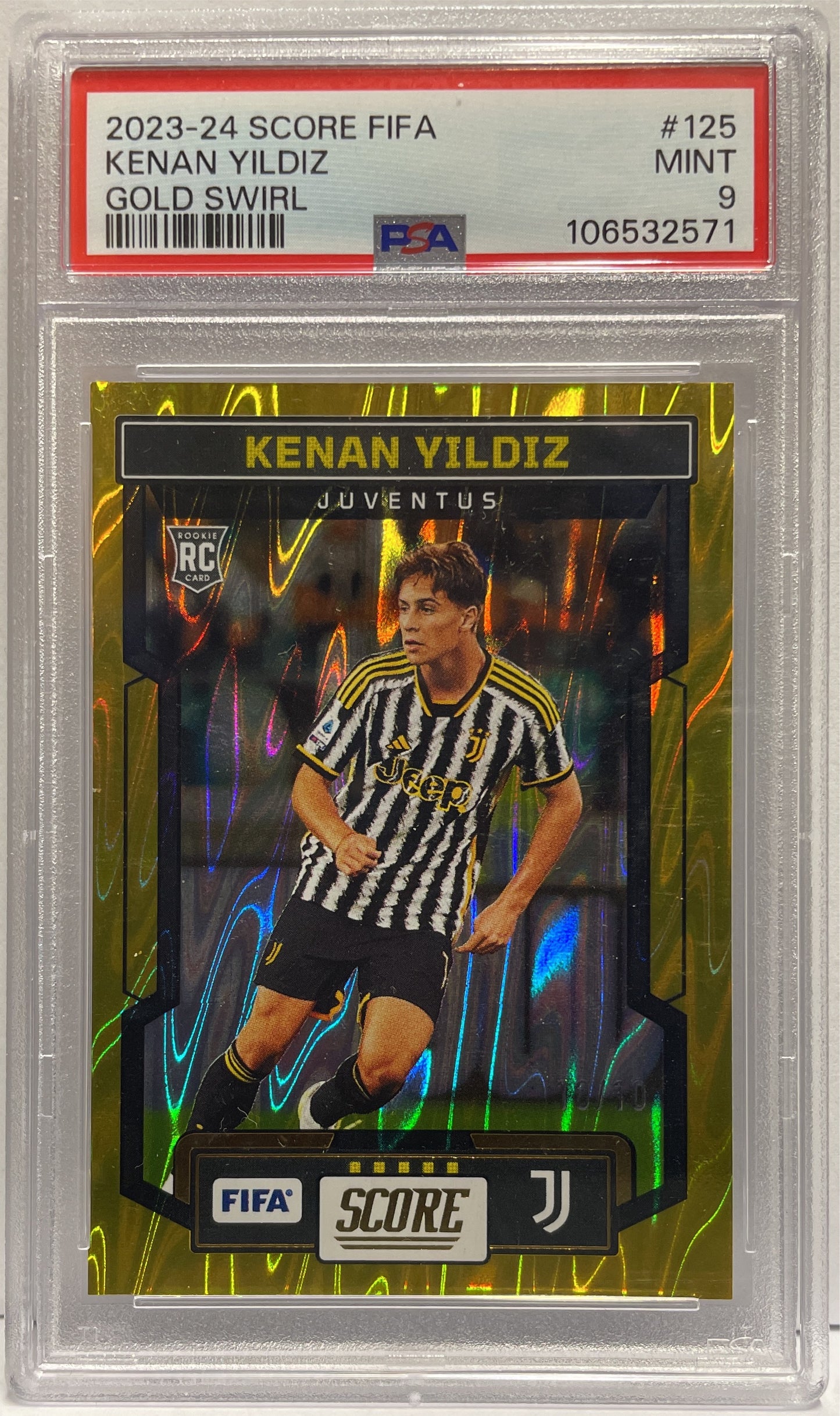 Kenan Yildiz 10/10 Rookie Gold Swirl Panini Score Serie A 2023/24 PSA 9