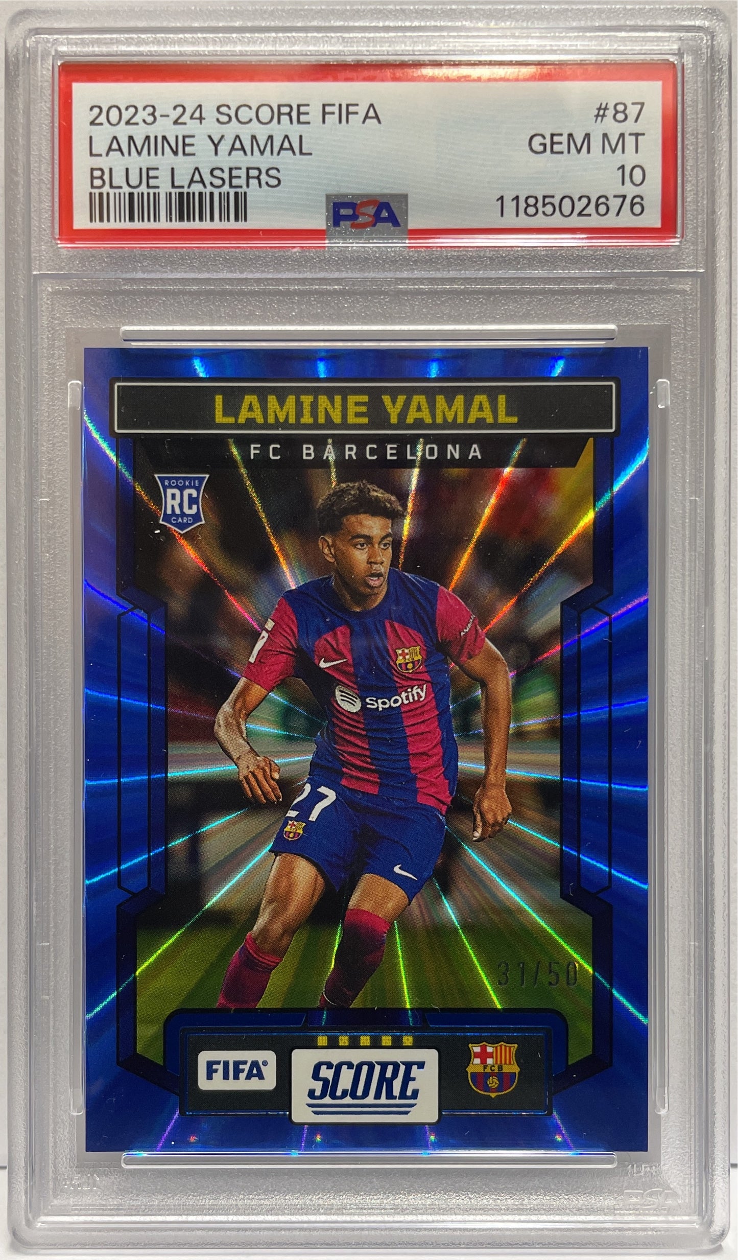 Lamine Yamal 31/50 Rookie Blue Laser Panini Score Fifa 2023/24 PSA 10