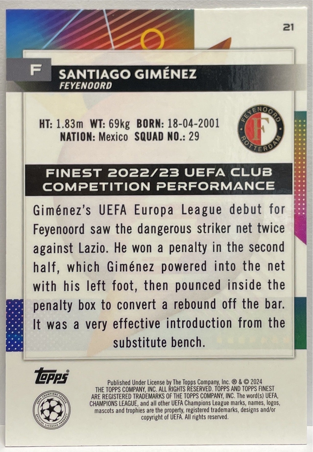 Santiago Gimenez 46/50 Gold Topps Finest UCC 2023/24