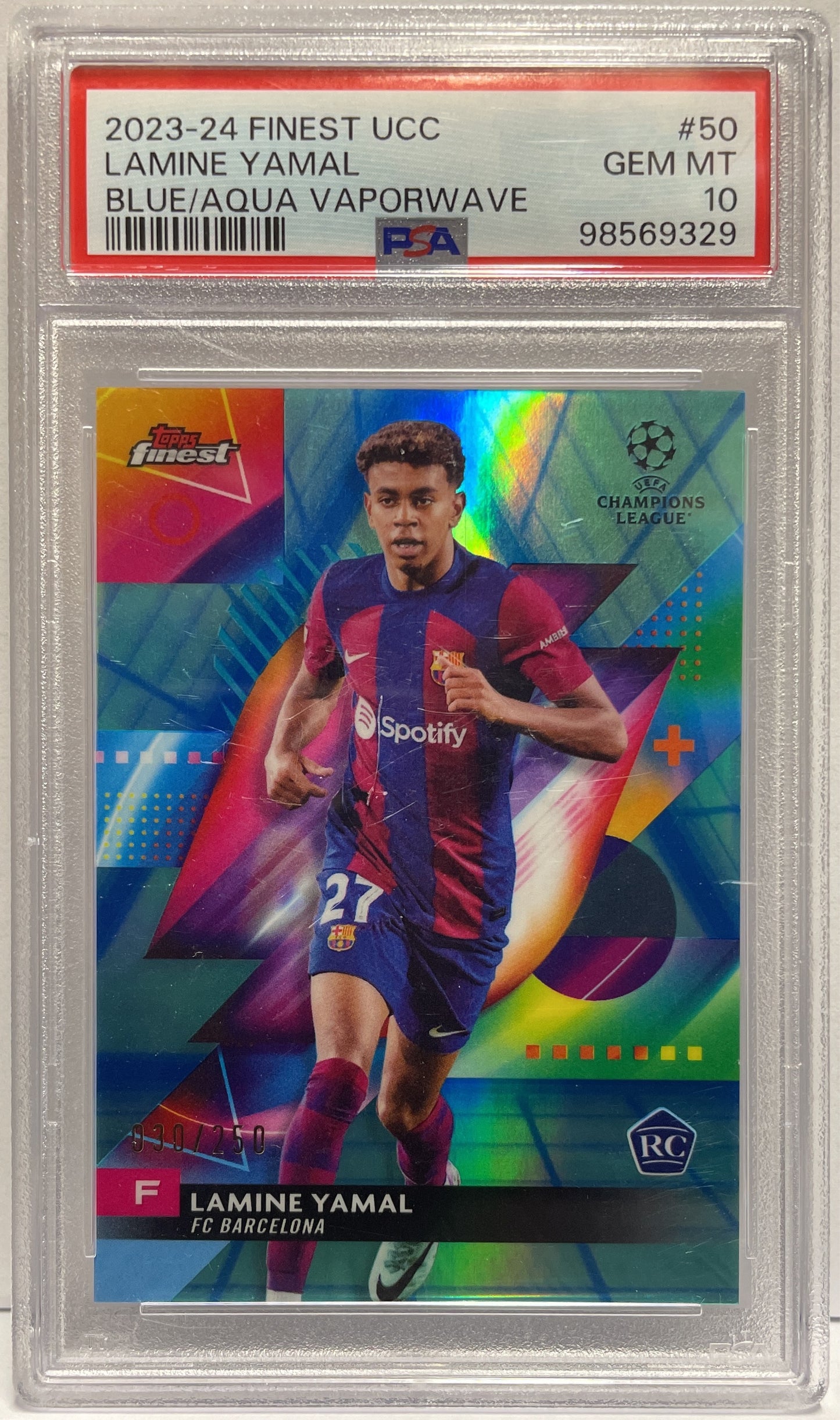 Lamine Yamal 30/250 Rookie Blue Aqua Vaporwave Topps Finest UCC 2023/24 PSA 10