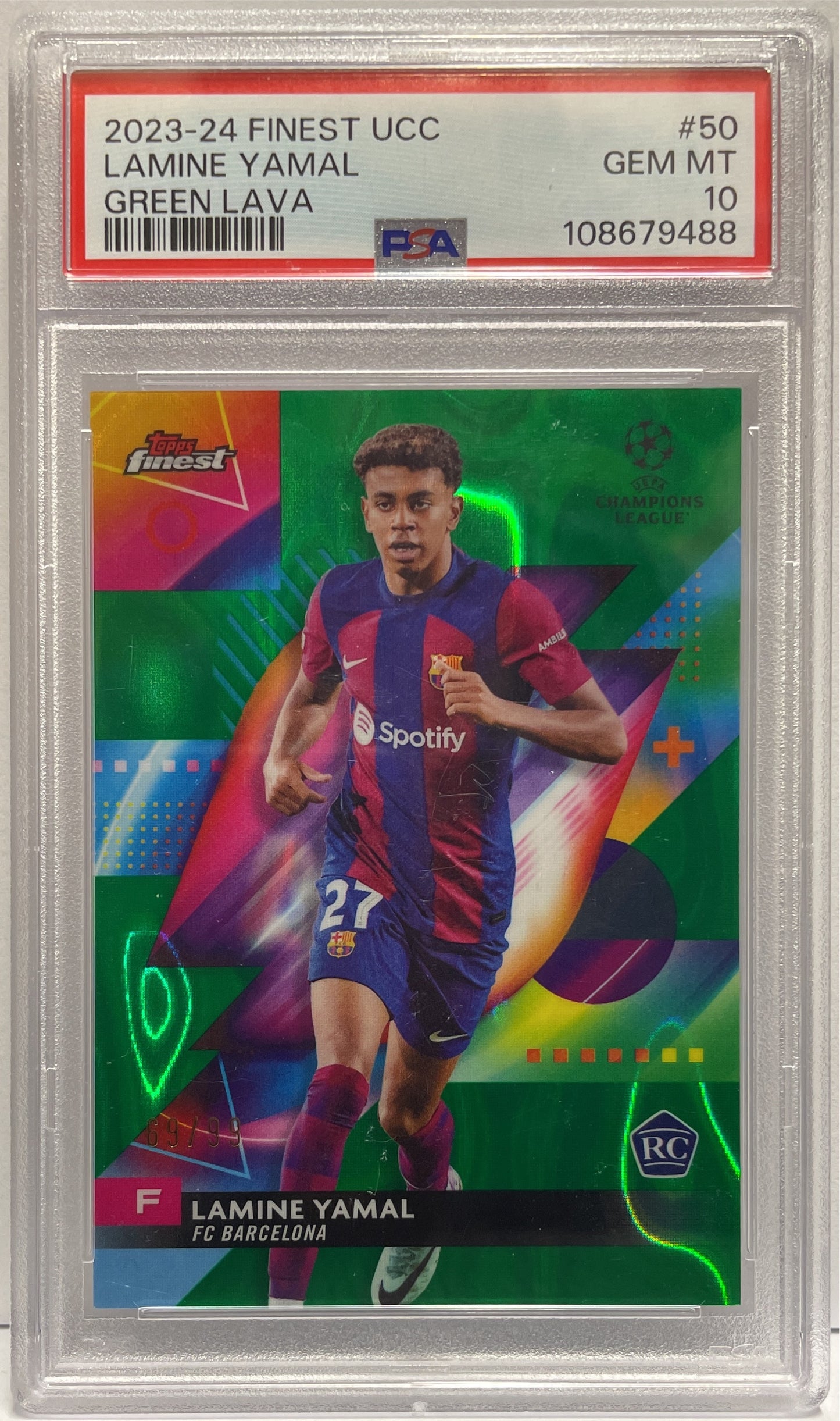 Lamine Yamal 69/99 Rookie Green Lava Topps Finest UCC 2023/24 PSA 10
