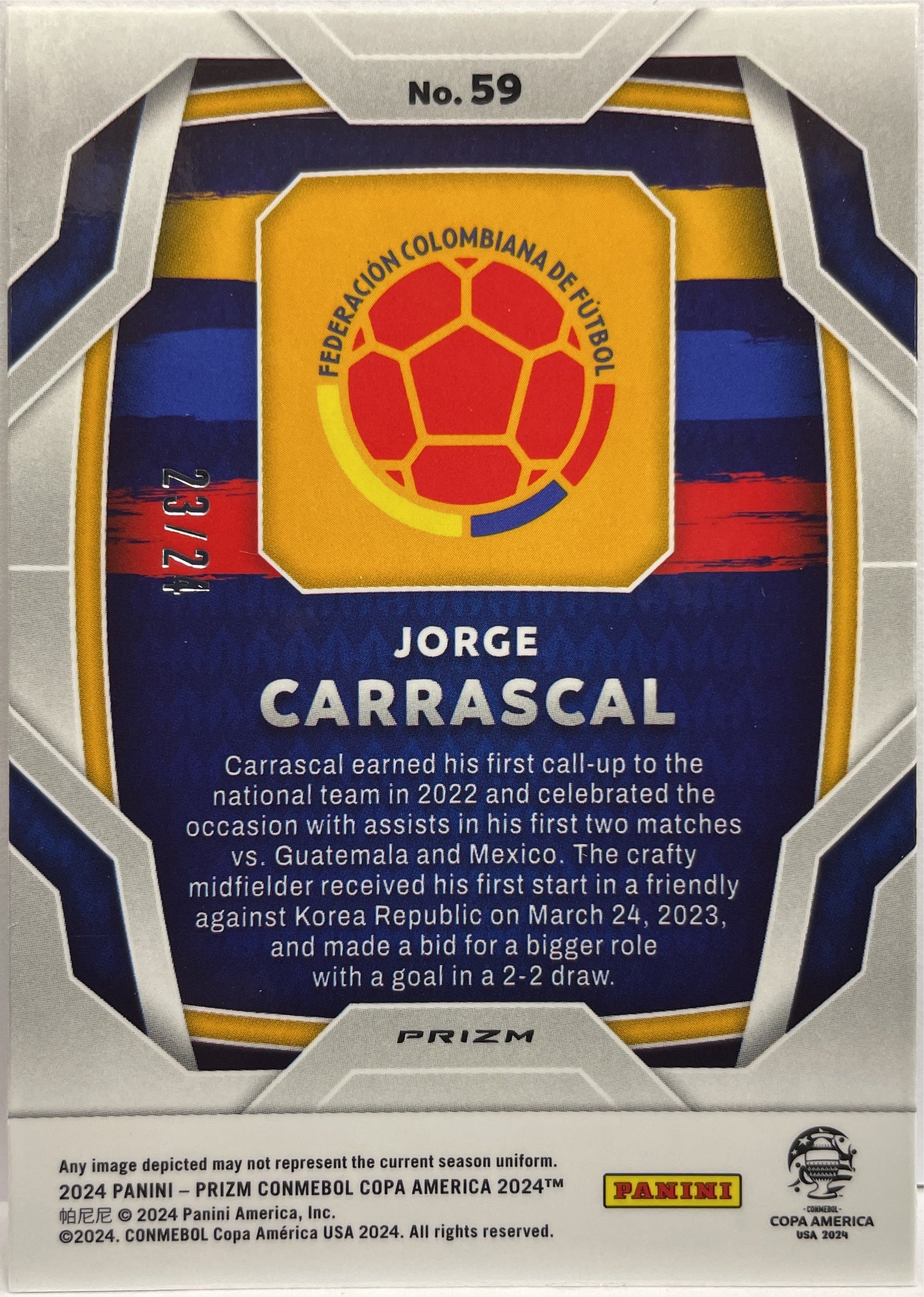 Jorge Carrascal 23/24 Rookie Stars and Stripes Prizm Conmebol Copa America 2024