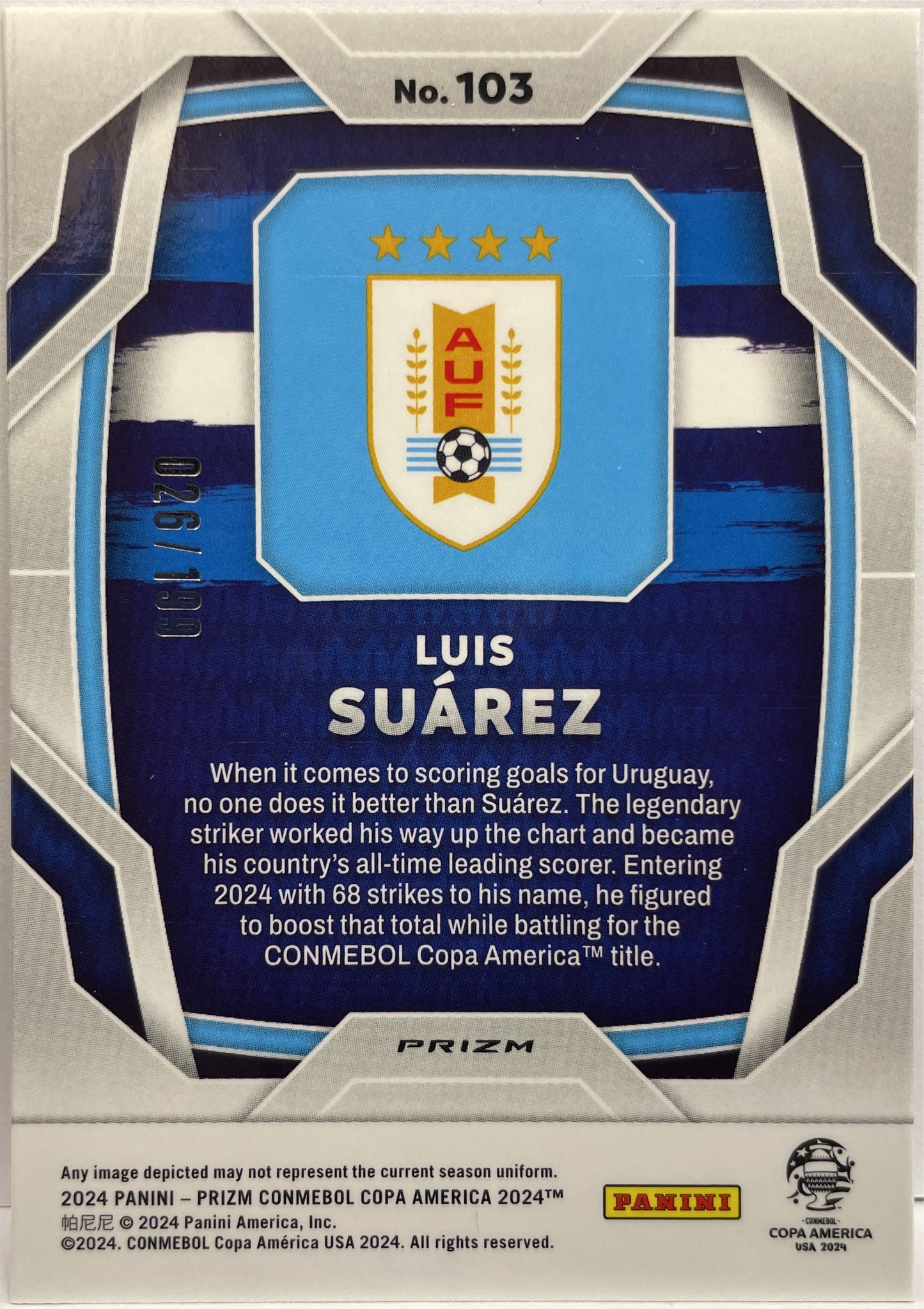 Luis Suarez 26/199 Red Prizm Conmebol Copa America 2024