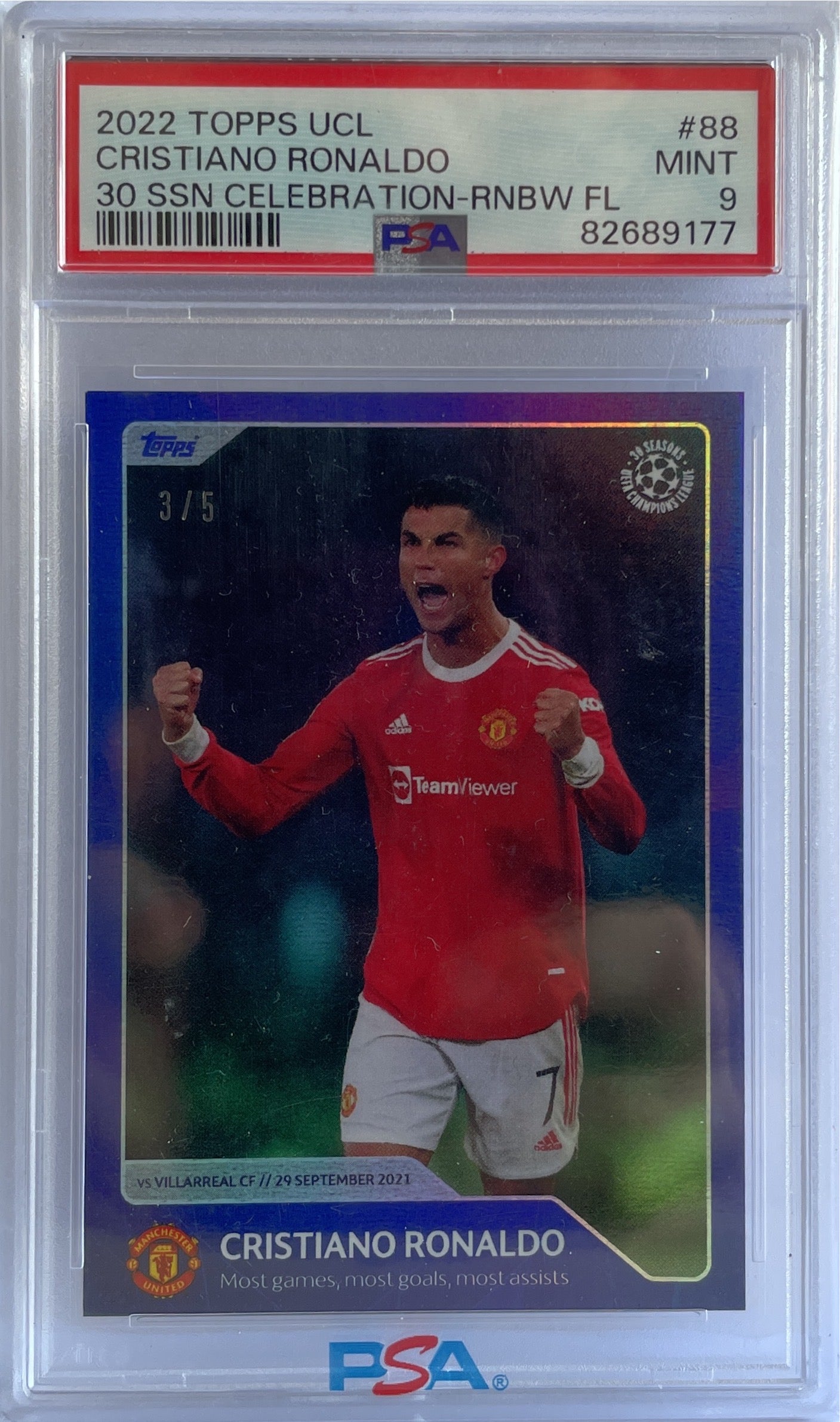 Cristiano Ronaldo 3/5 Rainbow Foil Topps 30 Season Celebration UCL 2021/22 PSA 9