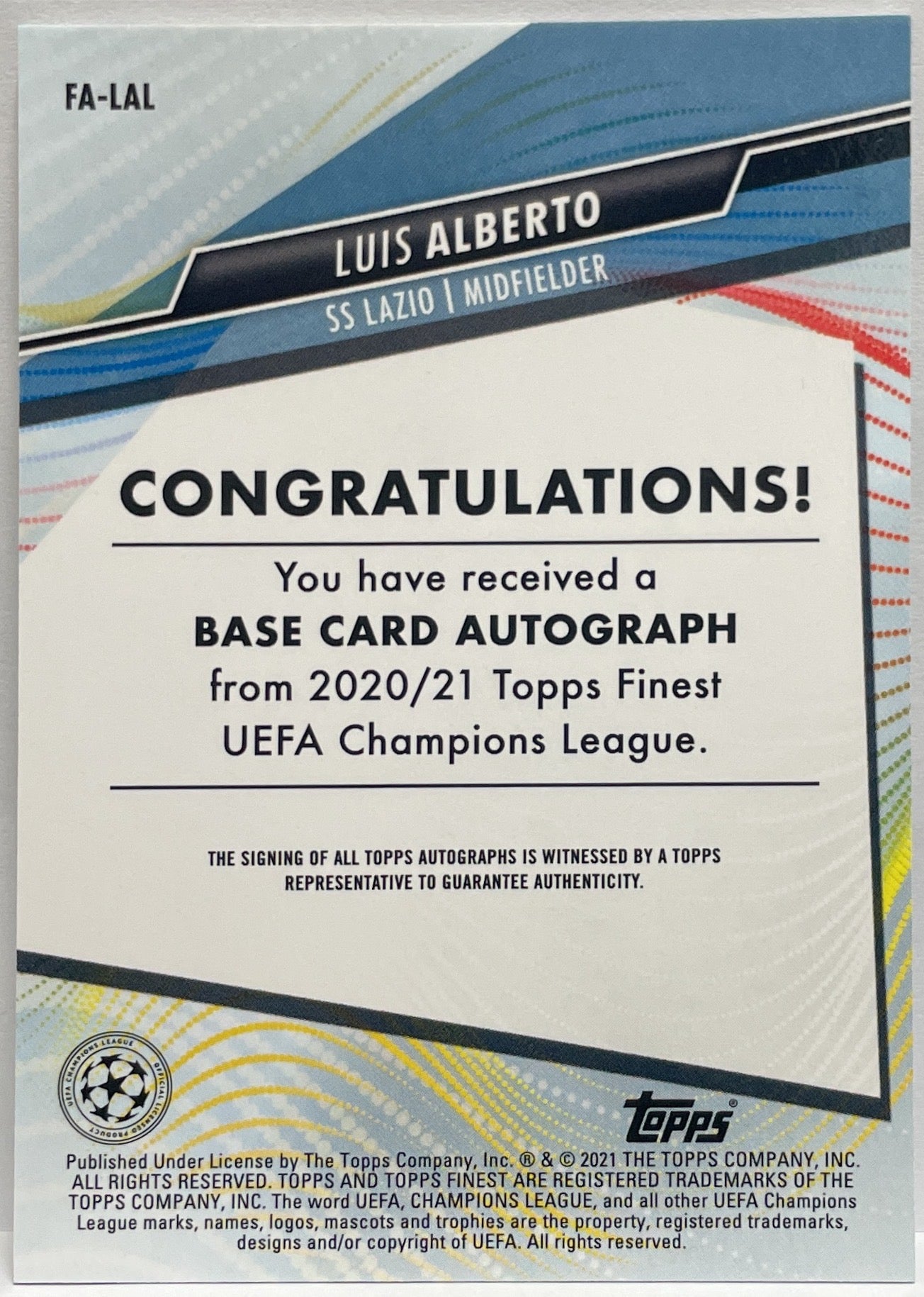 Luis Alberto Autograph Topps Finest UCL 2020/21