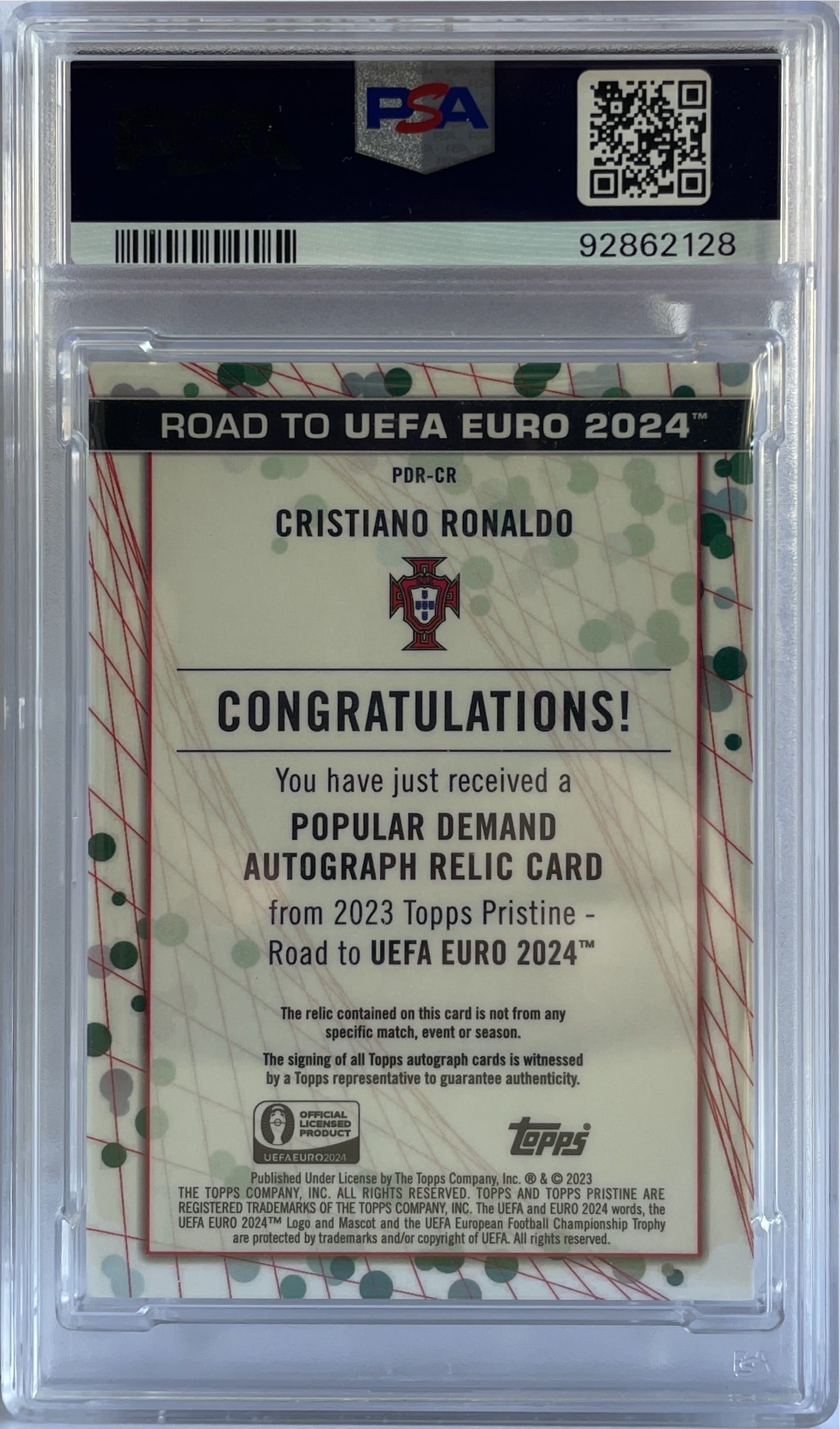 Cristiano Ronaldo 5/5 Patch Autograph Relic Red Topps Pristine Road To Uefa Euro 2024 PSA 9 Auto 10