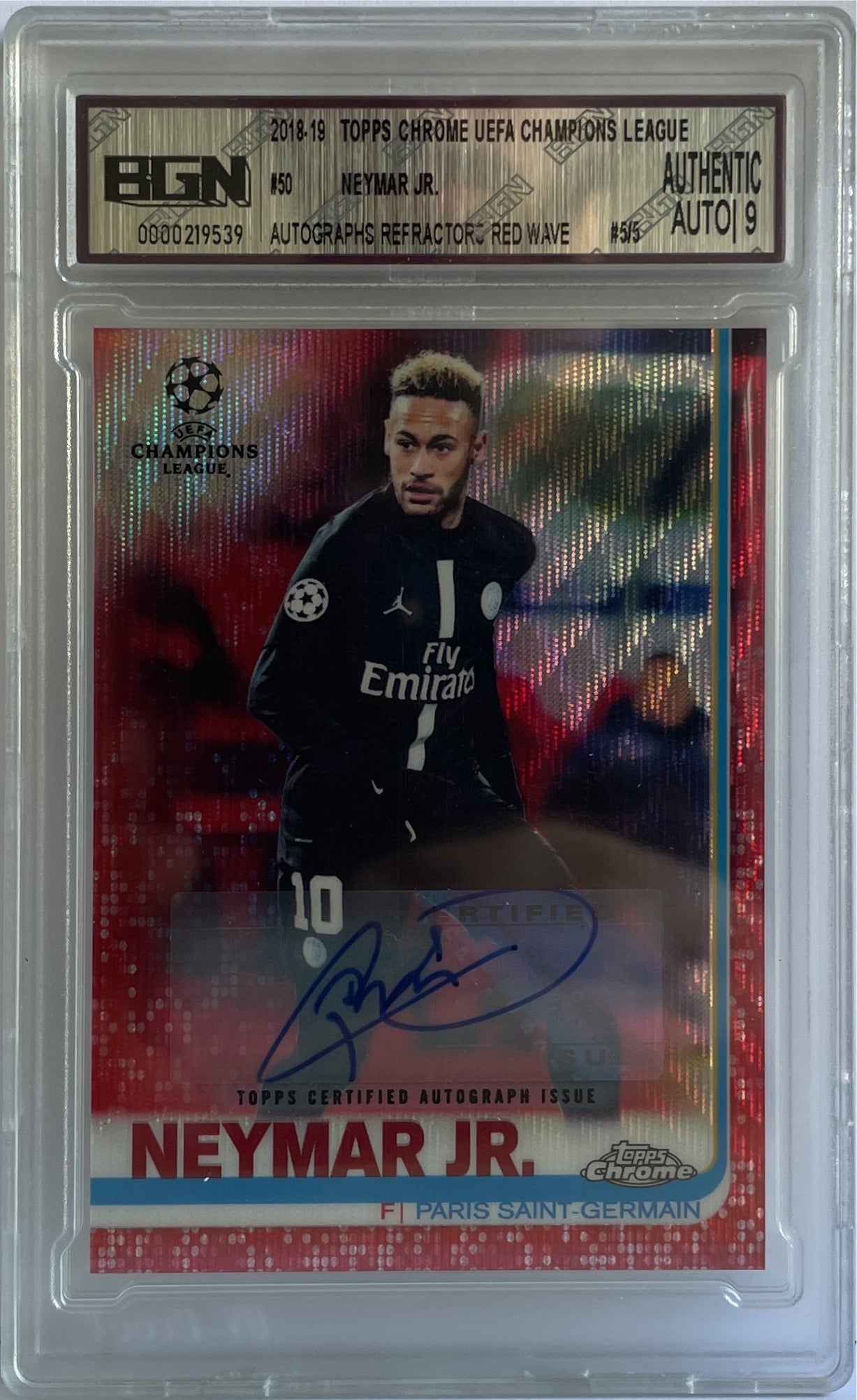 Neymar Jr 5/5 Autograph Red Wave Topps Chrome UCL 2018/19 BGN Authentic Auto 9