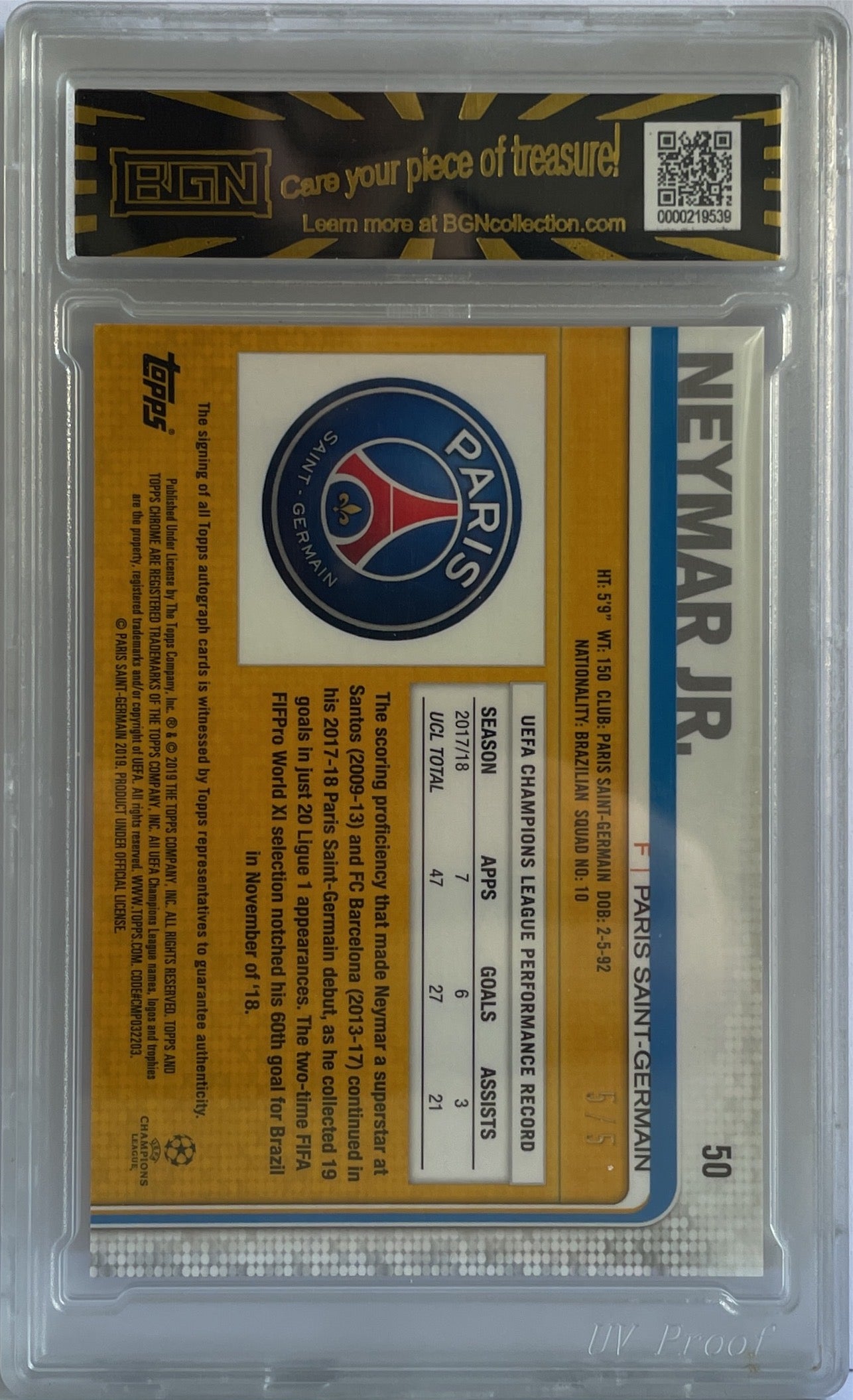 Neymar Jr 5/5 Autograph Red Wave Topps Chrome UCL 2018/19 BGN Authentic Auto 9