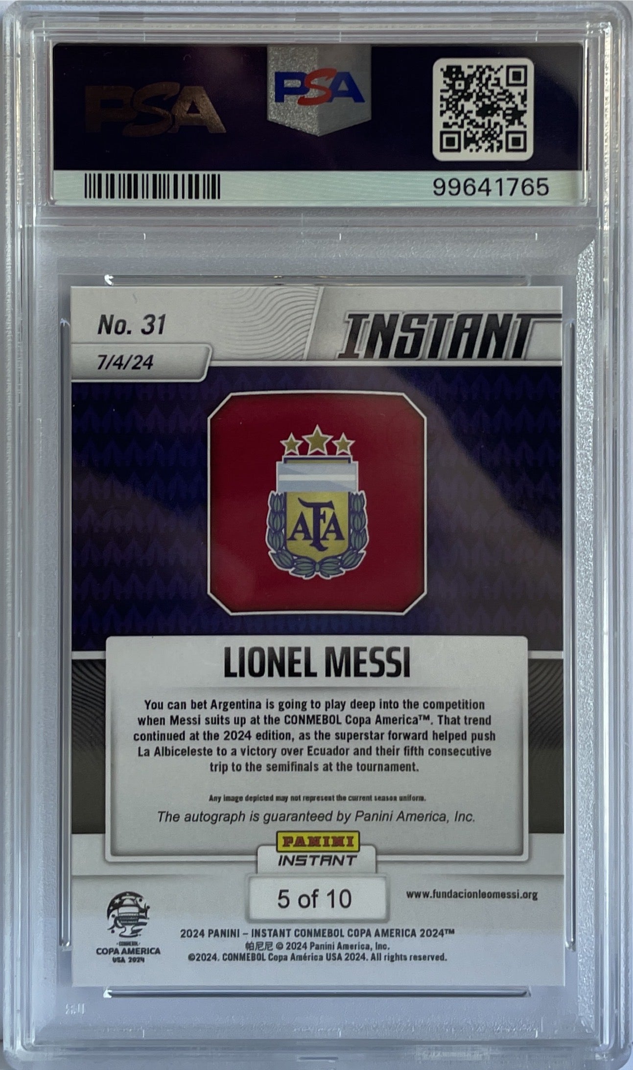 Lionel Messi 5/10 Autograph Copa America Panini Instant 2024 PSA 8 Auto 10