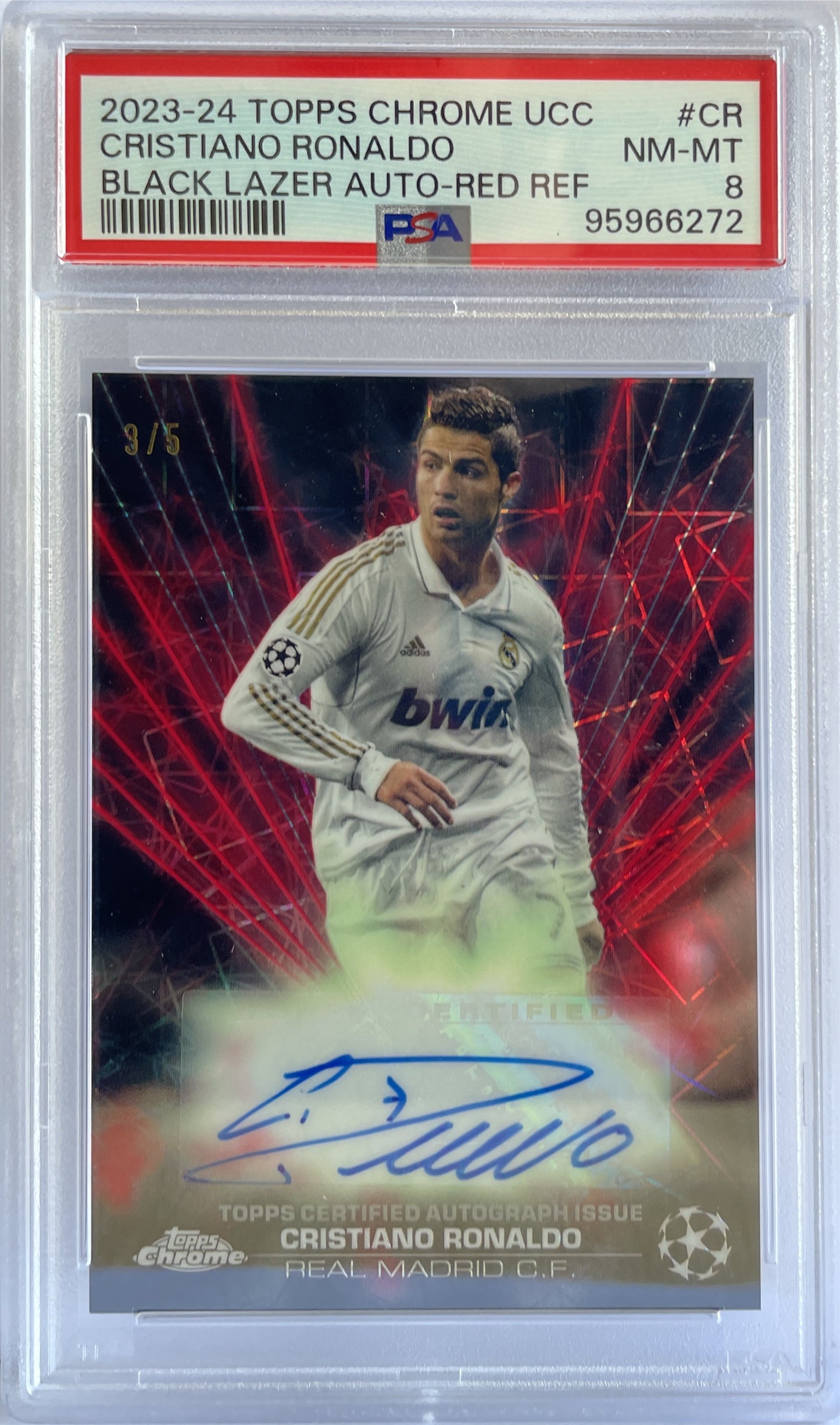 Cristiano Ronaldo 3/5 Autograph Black Lazer Red Topps Chrome UCC 2023/24 PSA 8