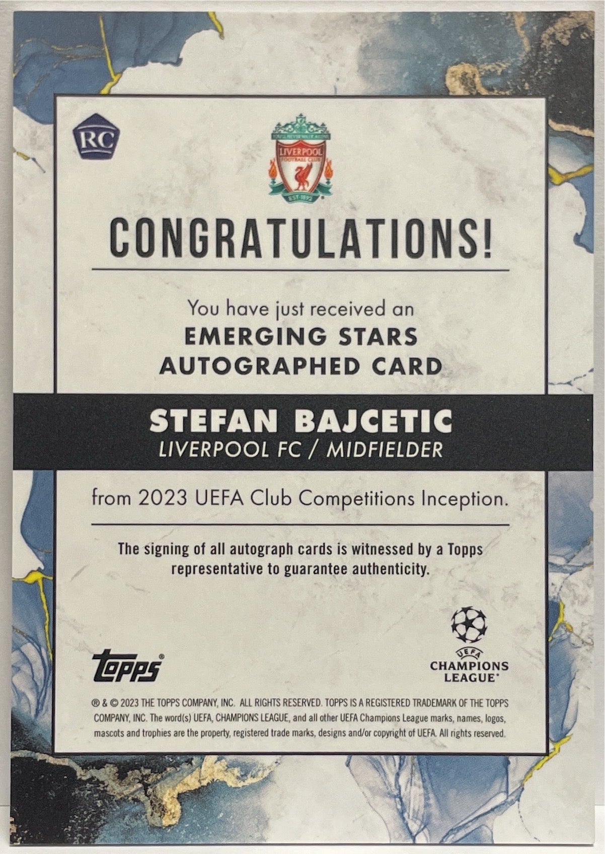 Stefan Bajcetic Rookie Autograph Emerging Stars Topps Inception 2022/23
