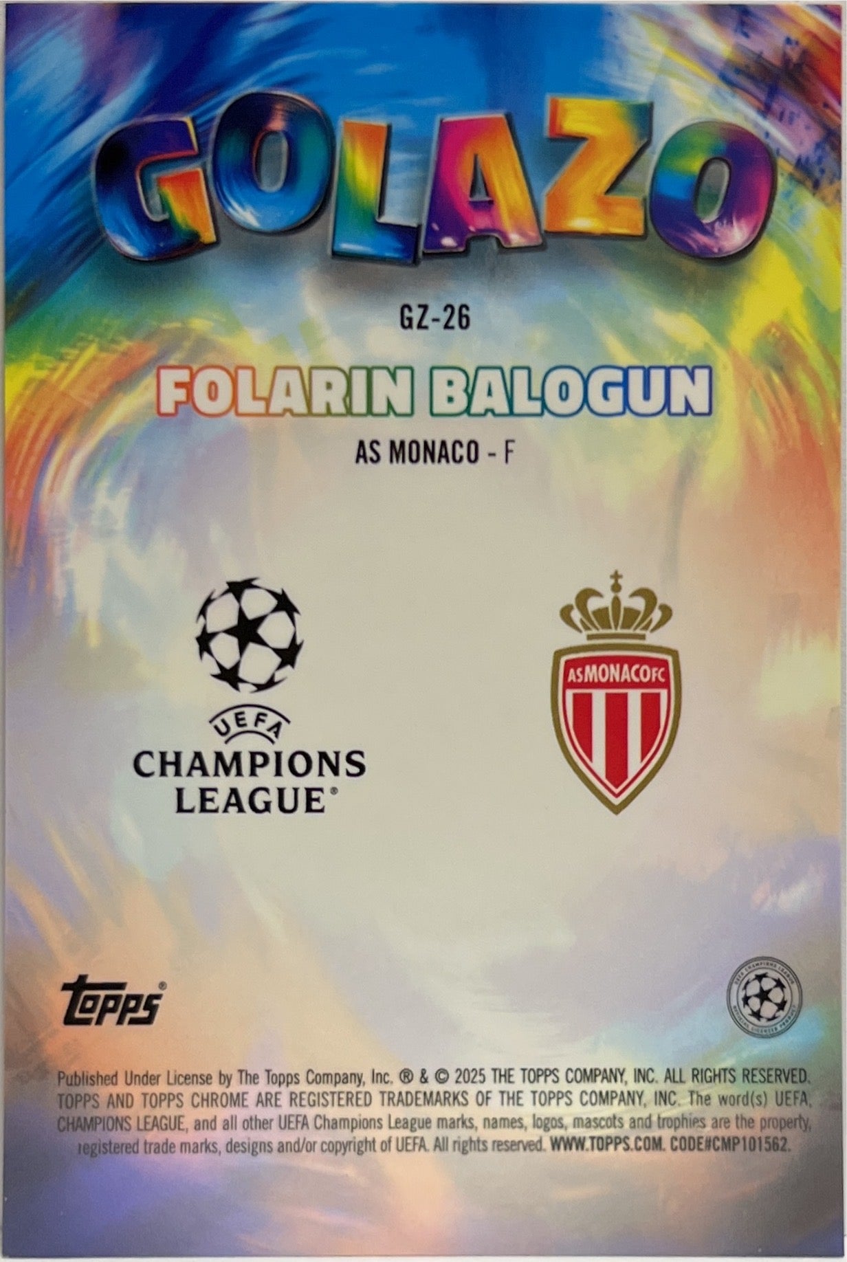 Folarin Balogun 62/75 Golazo Magenta Topps Chrome UCC 2024/25