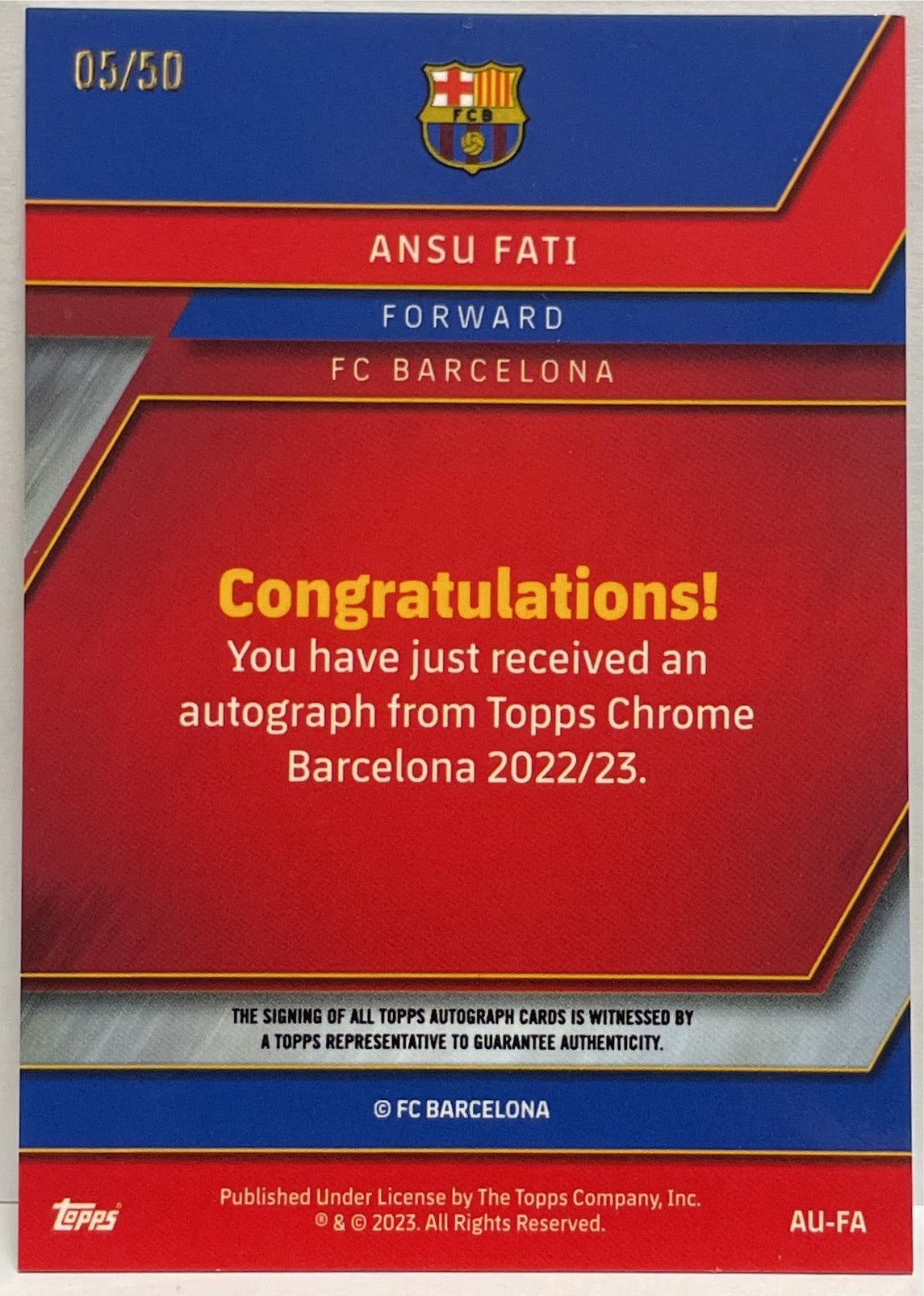 Ansu Fati 5/50 Autograph Gold Topps Chrome Barcellona 2022/23