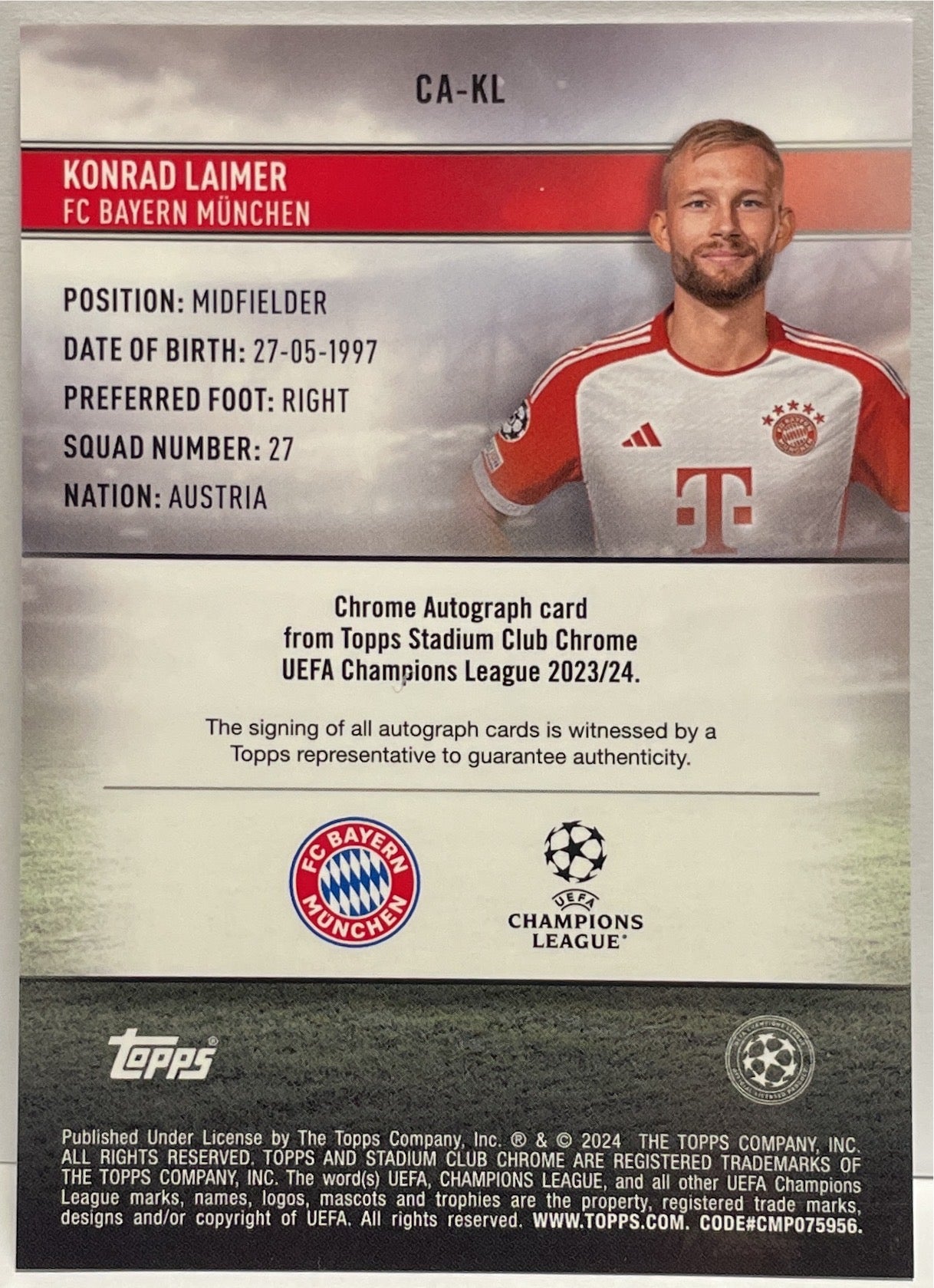 Konrad Laimer Autograph Topps Stadium Chrome 2023/24