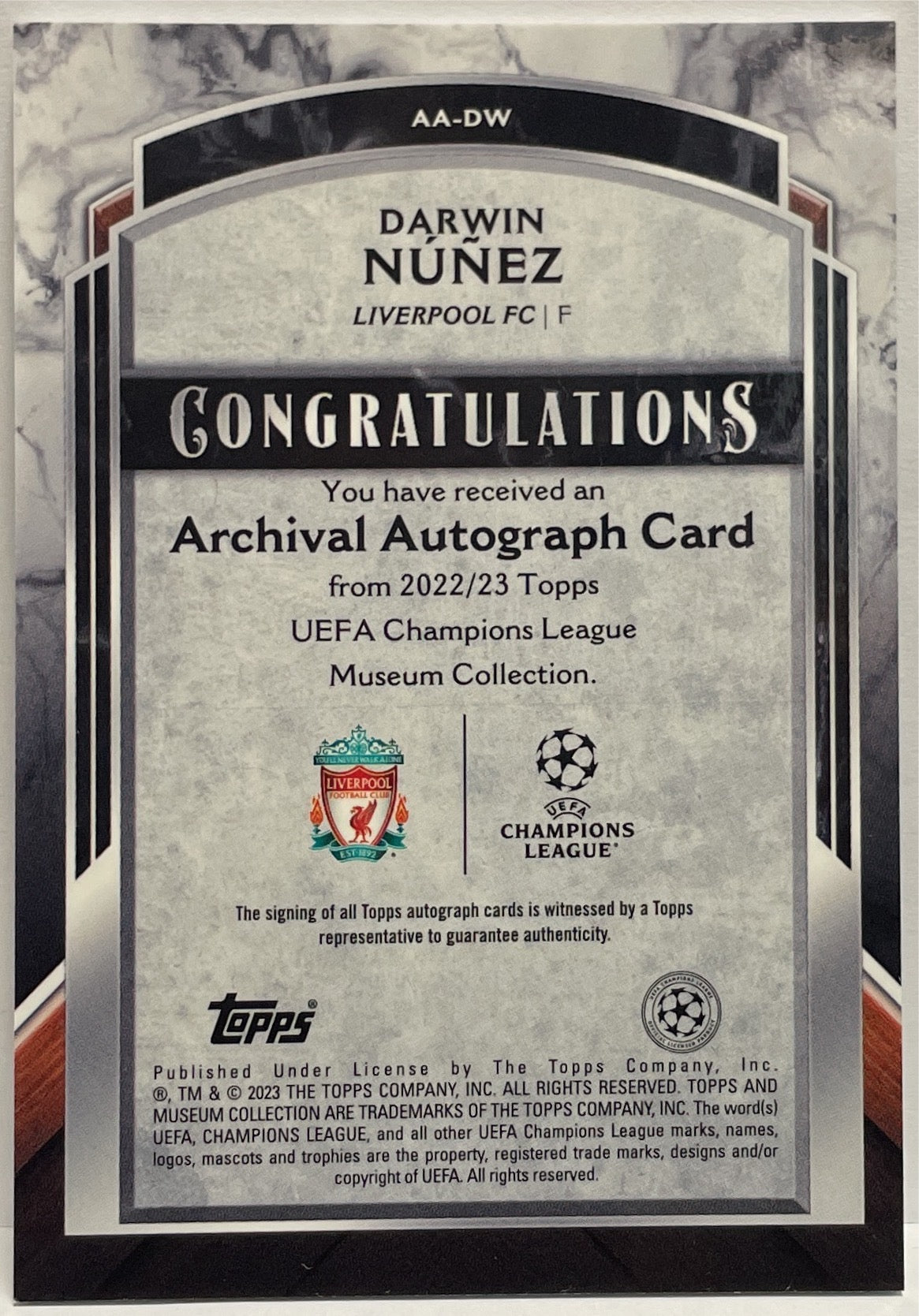 Darwin Nunez 279/299 Autograph Archival Topps Museum 2022/23