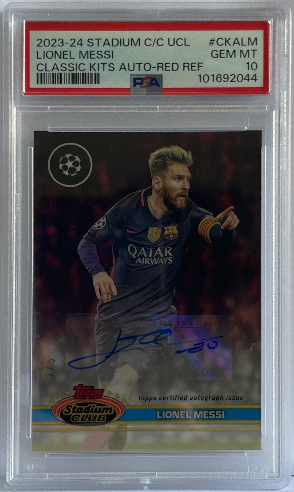 Lionel Messi 3/5 Autograph Classic Kit Red Topps Stadium Chrome Club 2023/24 PSA 10