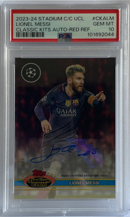 Lionel Messi 3/5 Autograph Classic Kit Red Topps Stadium Chrome Club 2023/24 PSA 10