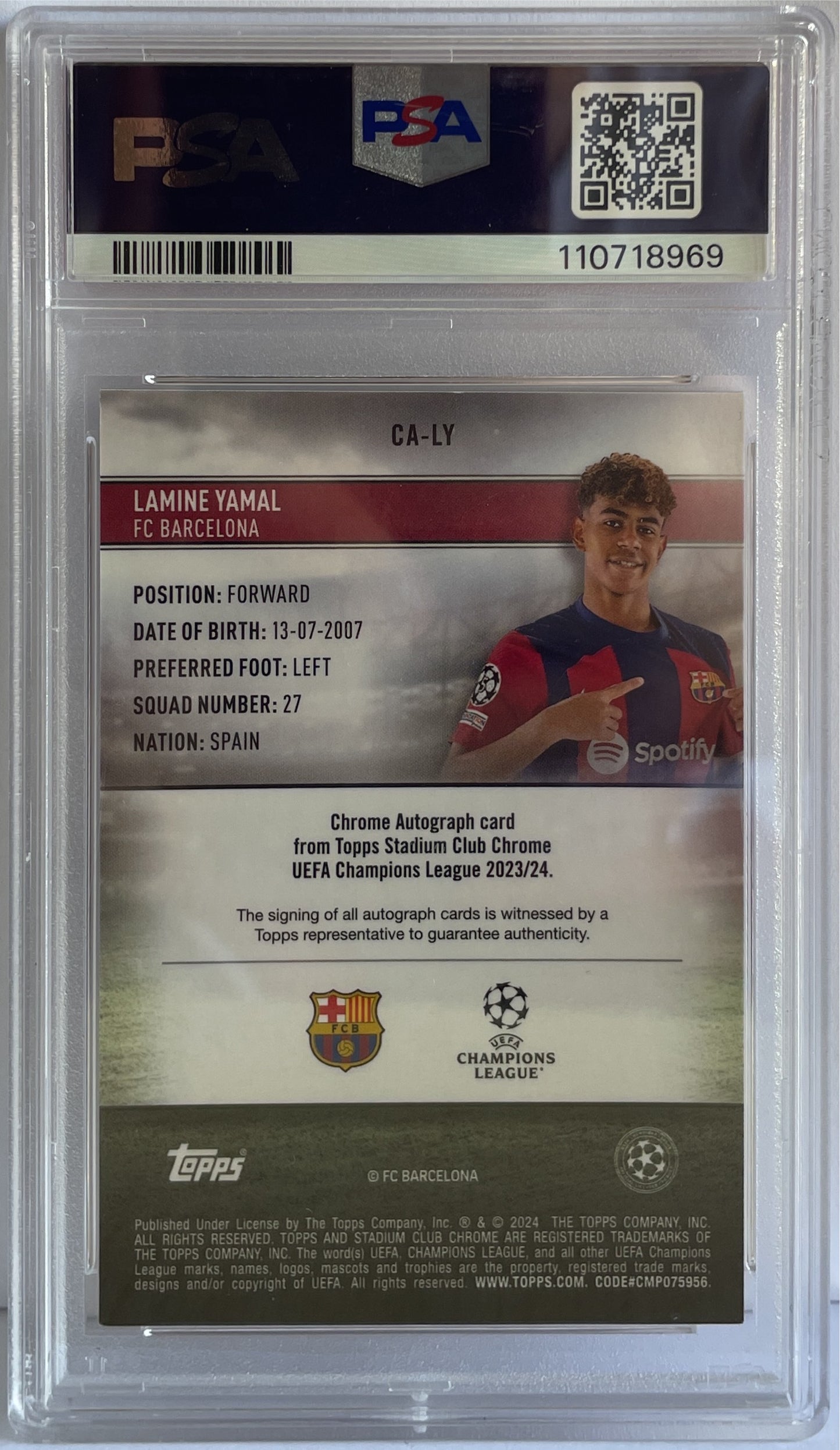 Lamine Yamal 5/25 Rookie Autograph Orange Prism Topps Stadium Chrome Club 2023/24 PSA 8