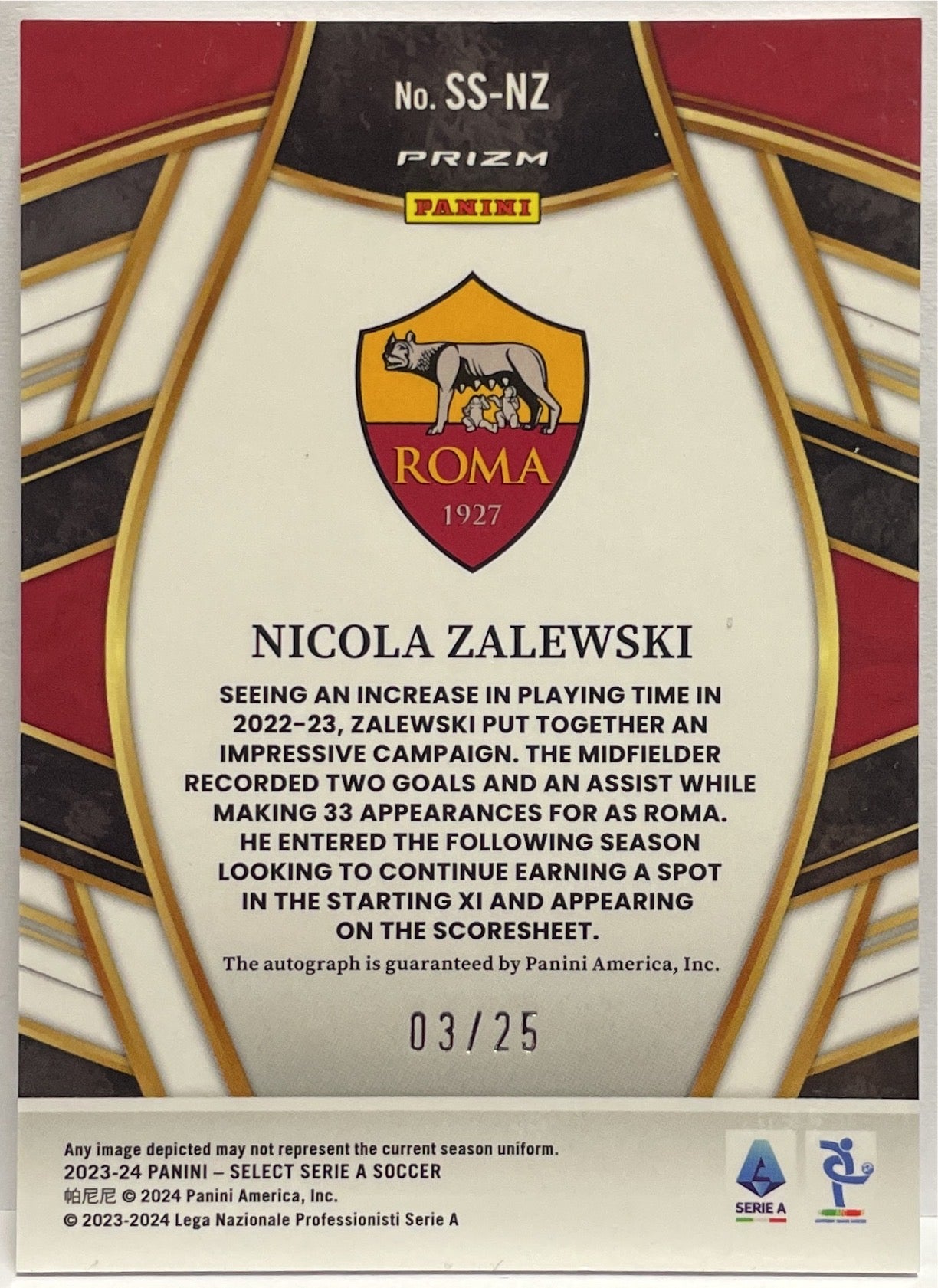 Nicola Zalewski 3/25 Autograph Select Serie A 2023/24