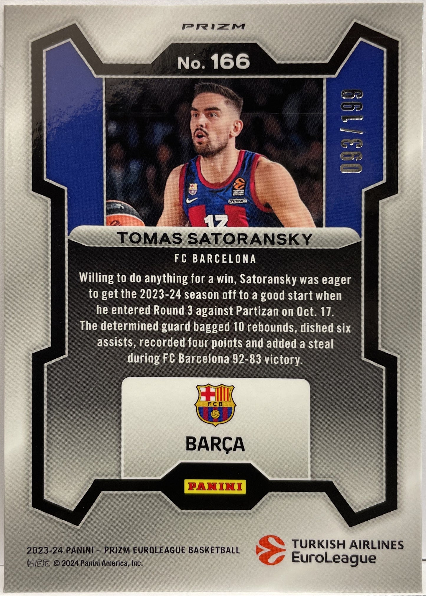 Tomas Satoransky 93/199 Blue Prizm Euroleague Basketball 2023/24