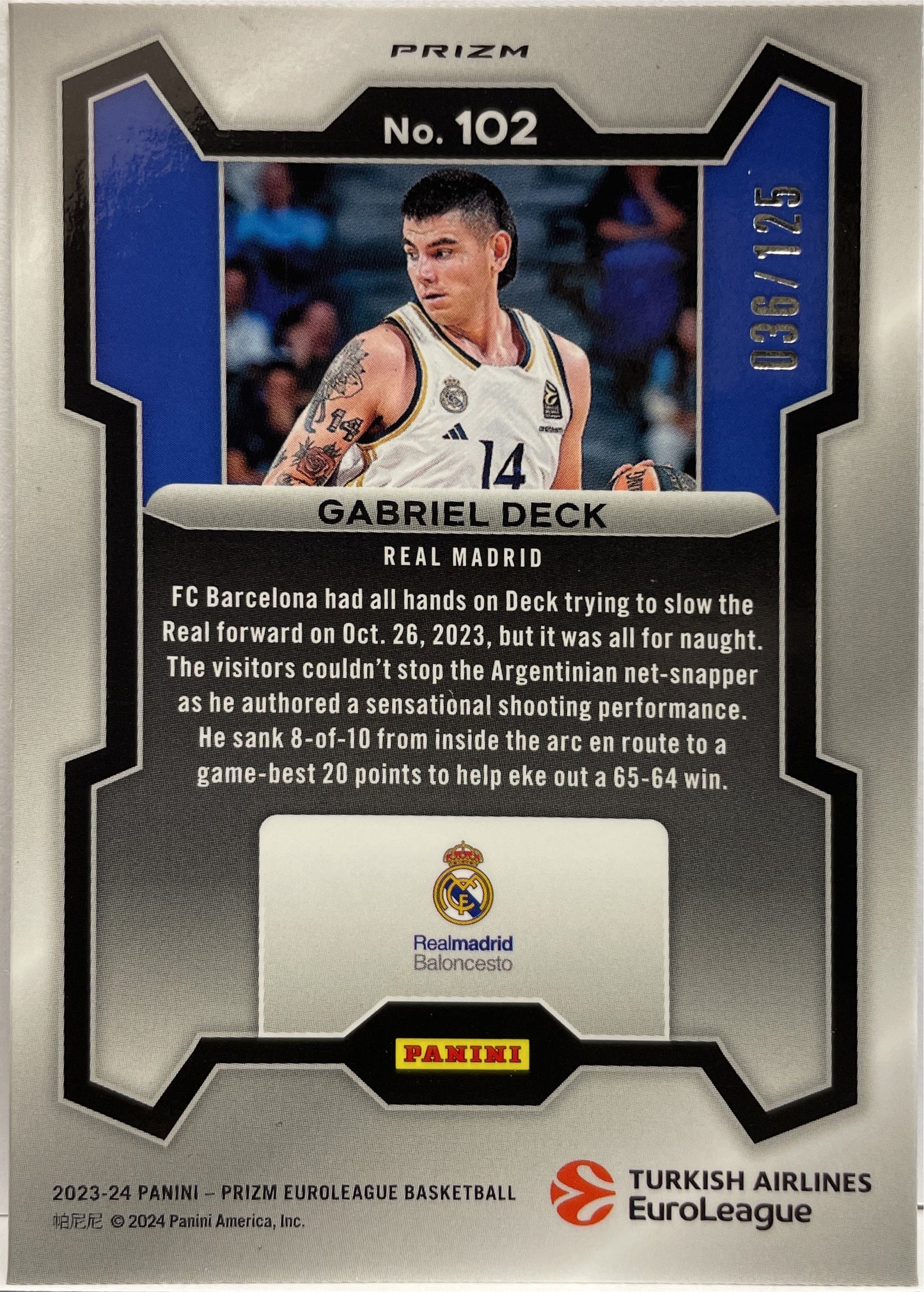 Gabriel Deck 36/125 Blue Ice Prizm Euroleague Basketball 2023/24