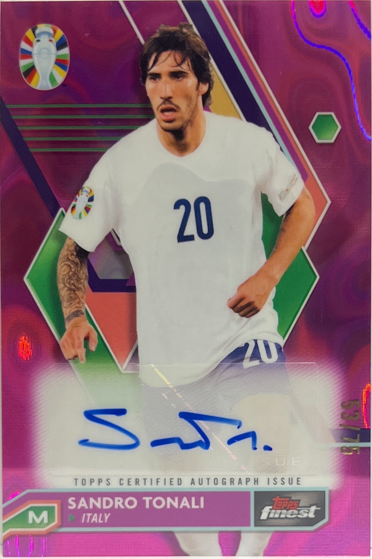 Sandro Tonali 53/75 Autograph Purple Topps Finest Road To Uefa Euro 2024