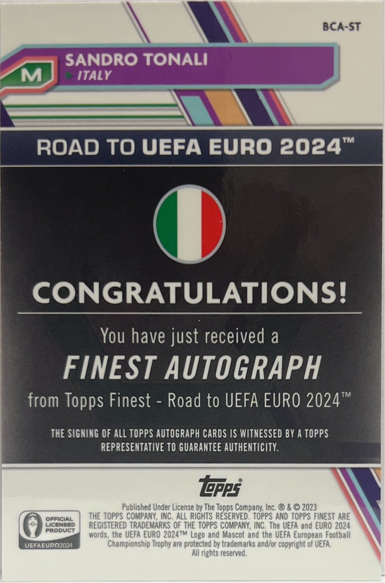 Sandro Tonali 53/75 Autograph Purple Topps Finest Road To Uefa Euro 2024