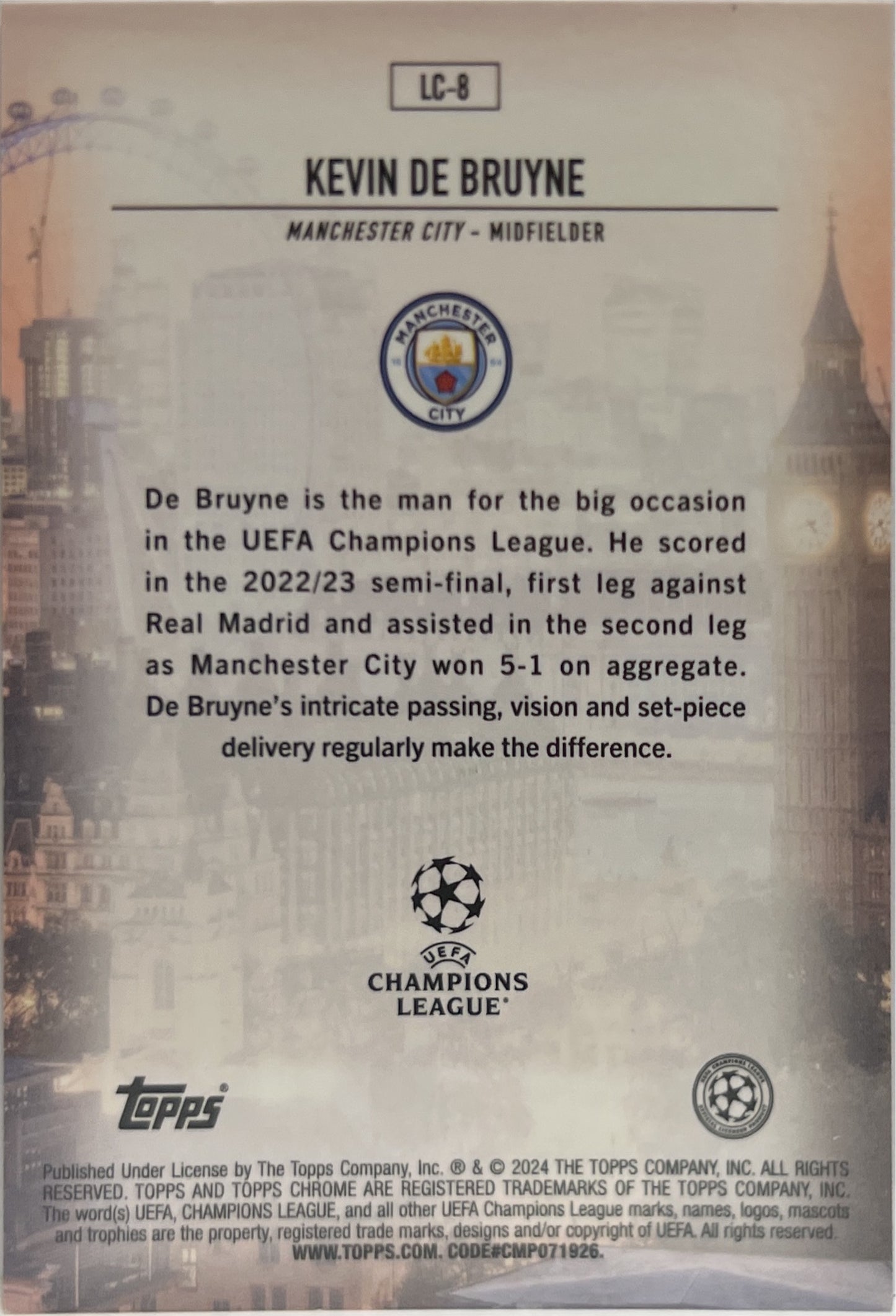 Kevin De Bruyne 26/75 London Calling Blue Topps Chrome UCC 2023/24