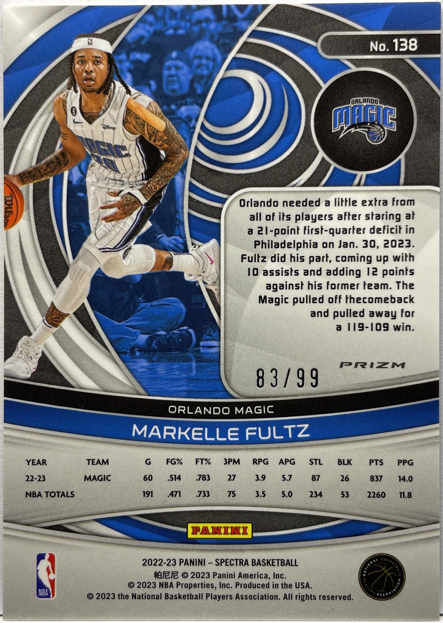 Markelle Fultz 83/99 Interstellar Panini Spectra Basketball 2022/23