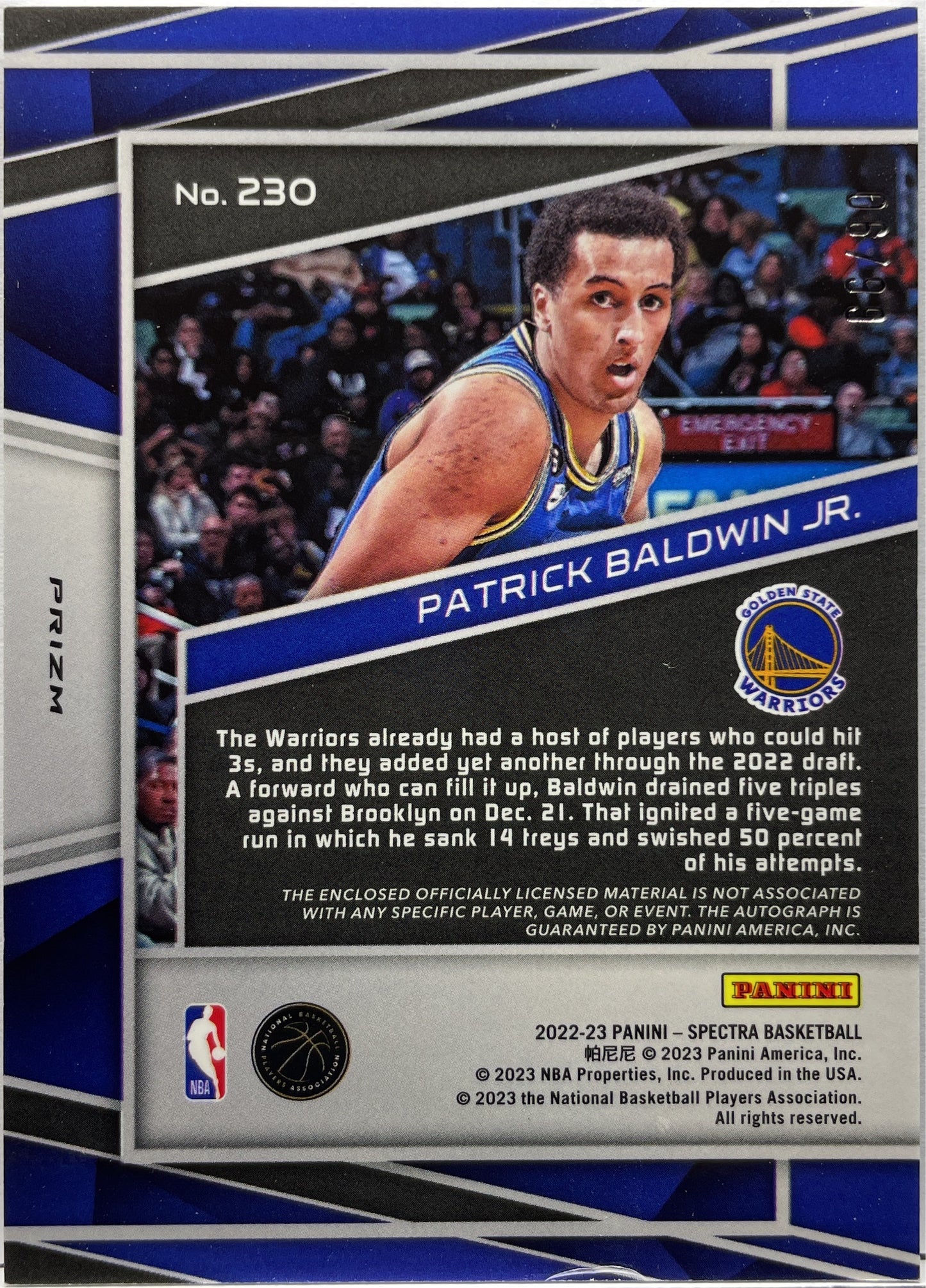 Patrick Baldwin Jr 6/99 Rookie Patch Autograph Celestial Panini Spectra Basketball 2022/23