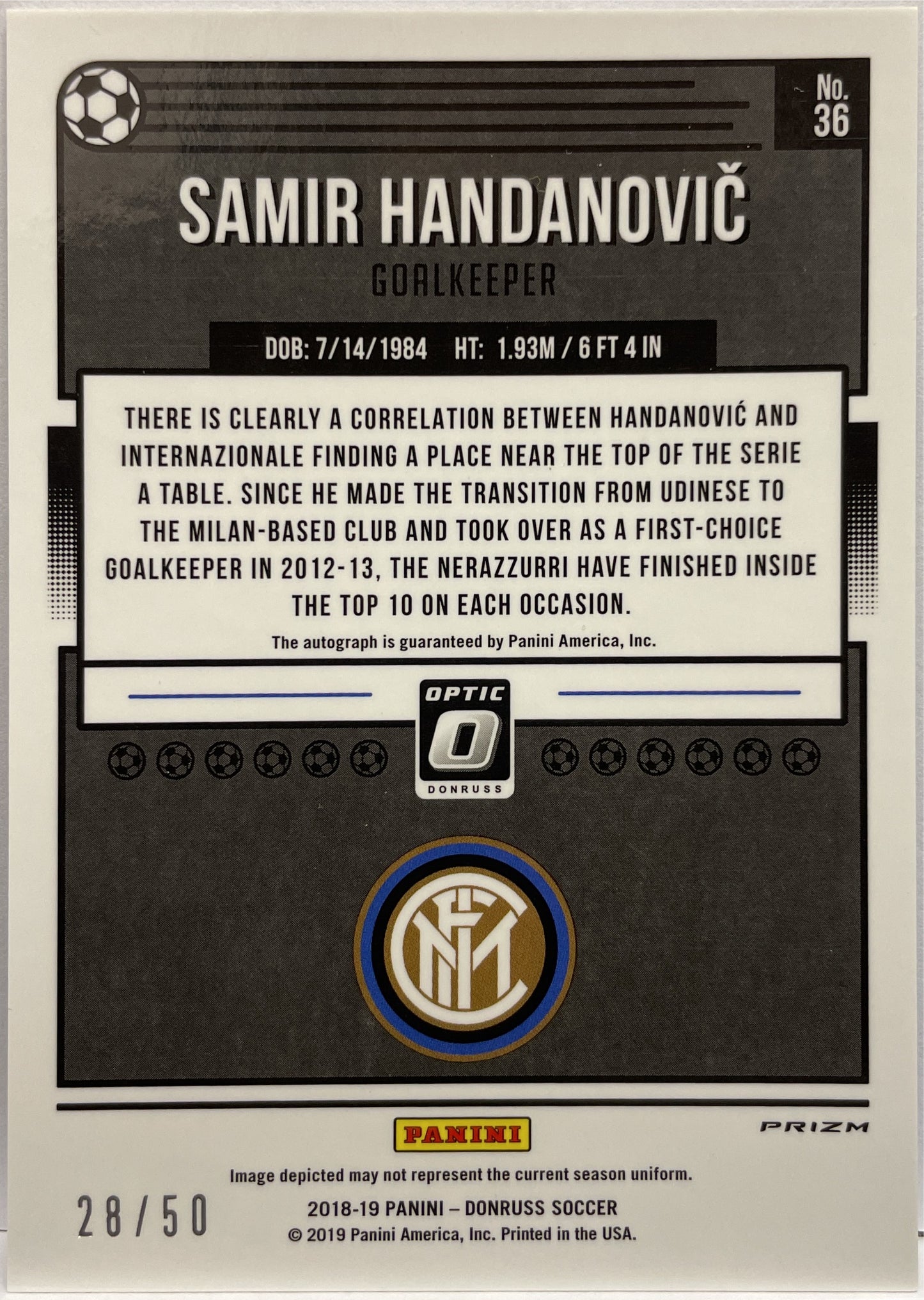 Samir Handanovic 28/50 Autograph Optic Blue Donruss Fifa 2018/19