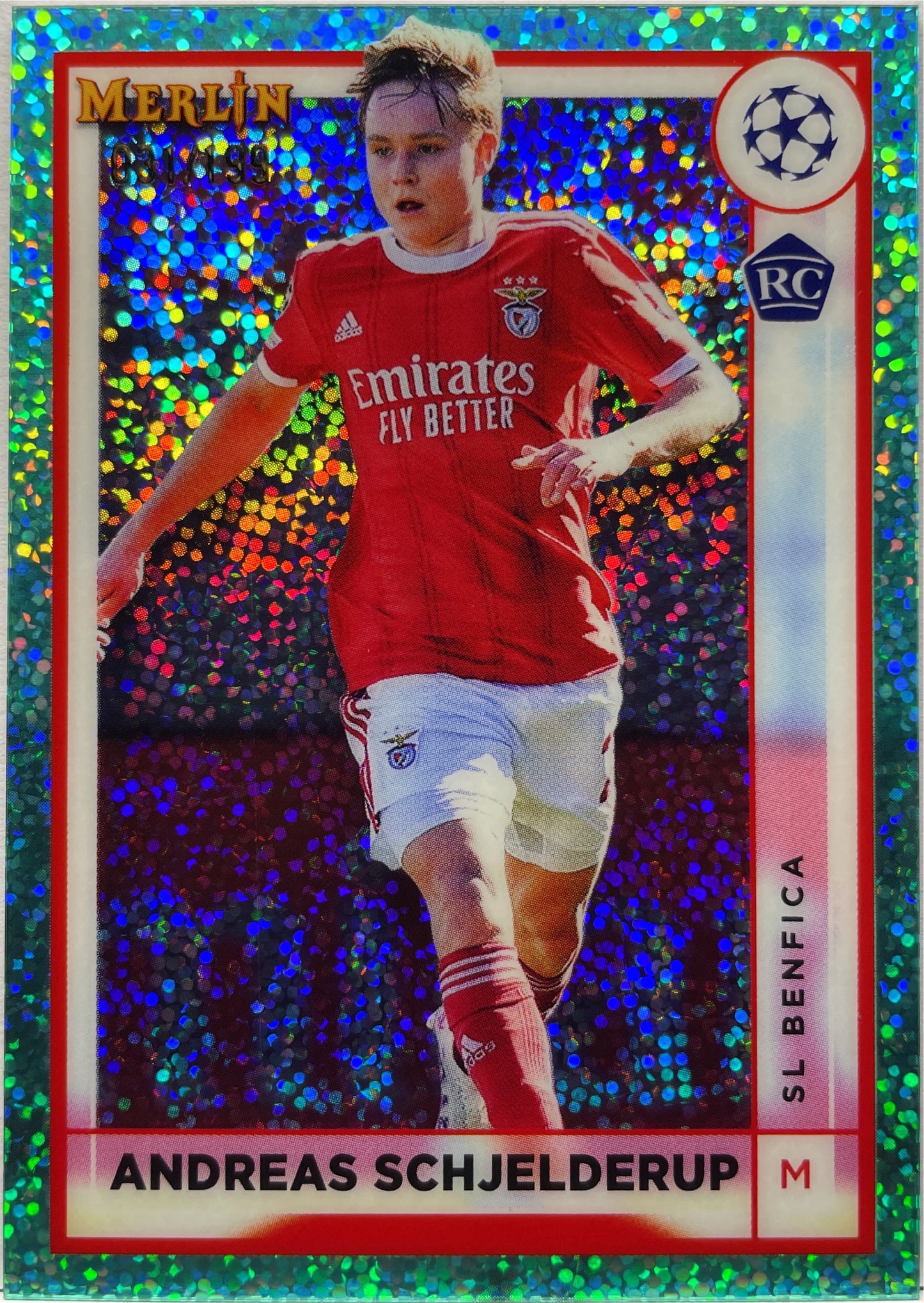 Andreas Schjelderup 31/199 Rookie Aqua Speckle Topps Chrome Merlin 2022/23